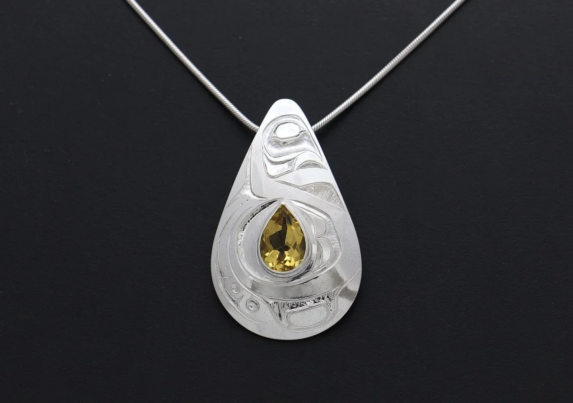Sterling silver engraved pendant with bezel set citrine, Raindrop design
*not available