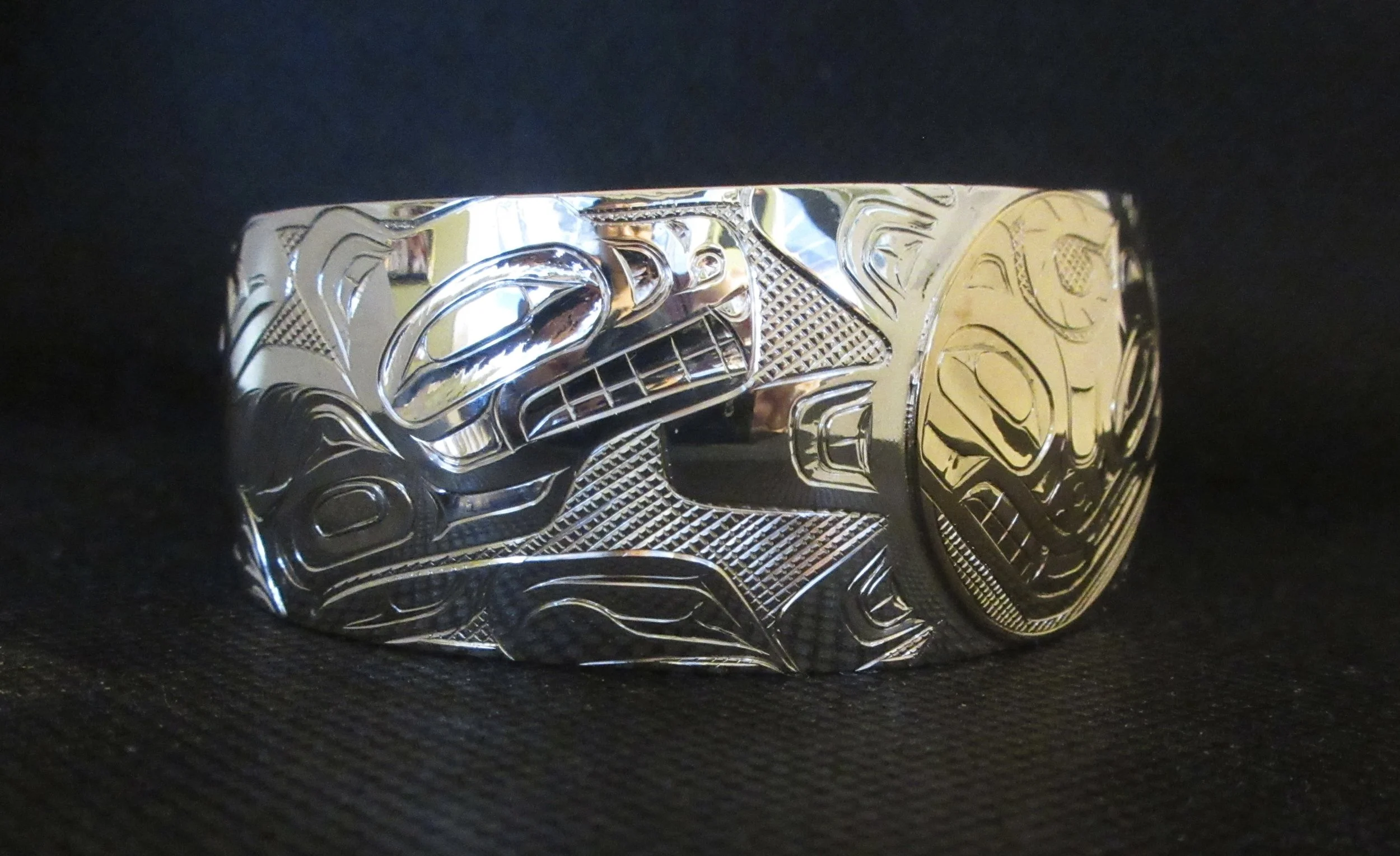 Silver wolf b cuff bracelet with gold sun 