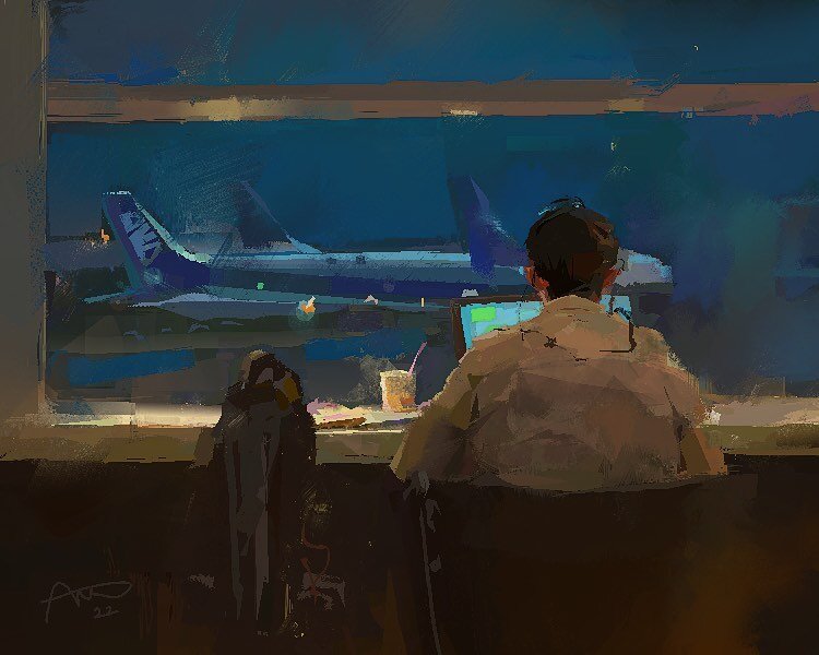 Painting at Haneda Airport Lounge. Going back to Kumamoto just for a while. 帰熊🧸

 This post is for #PleinAirpril, organized by @warriorpainters and supported by @procreate @blickartmaterials @warriorartcamp @huiontablet @graphixly @tourboxofficial @
