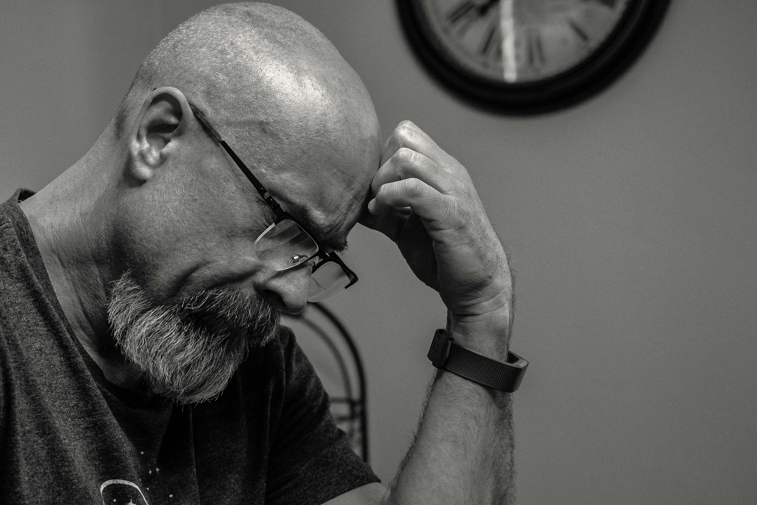 A man is deep in thought during his ketamine-assisted EMDR therapy session. Dr. Waldron works with those who may have tried EMDR therapy or KAP but are still struggling to recover from trauma. Sessions are available in San Francisco and Marin, CA.