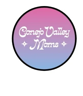 Circular logo with a pink to purple gradient background and white text that reads 'Conejo Valley Moms' with small star accents.