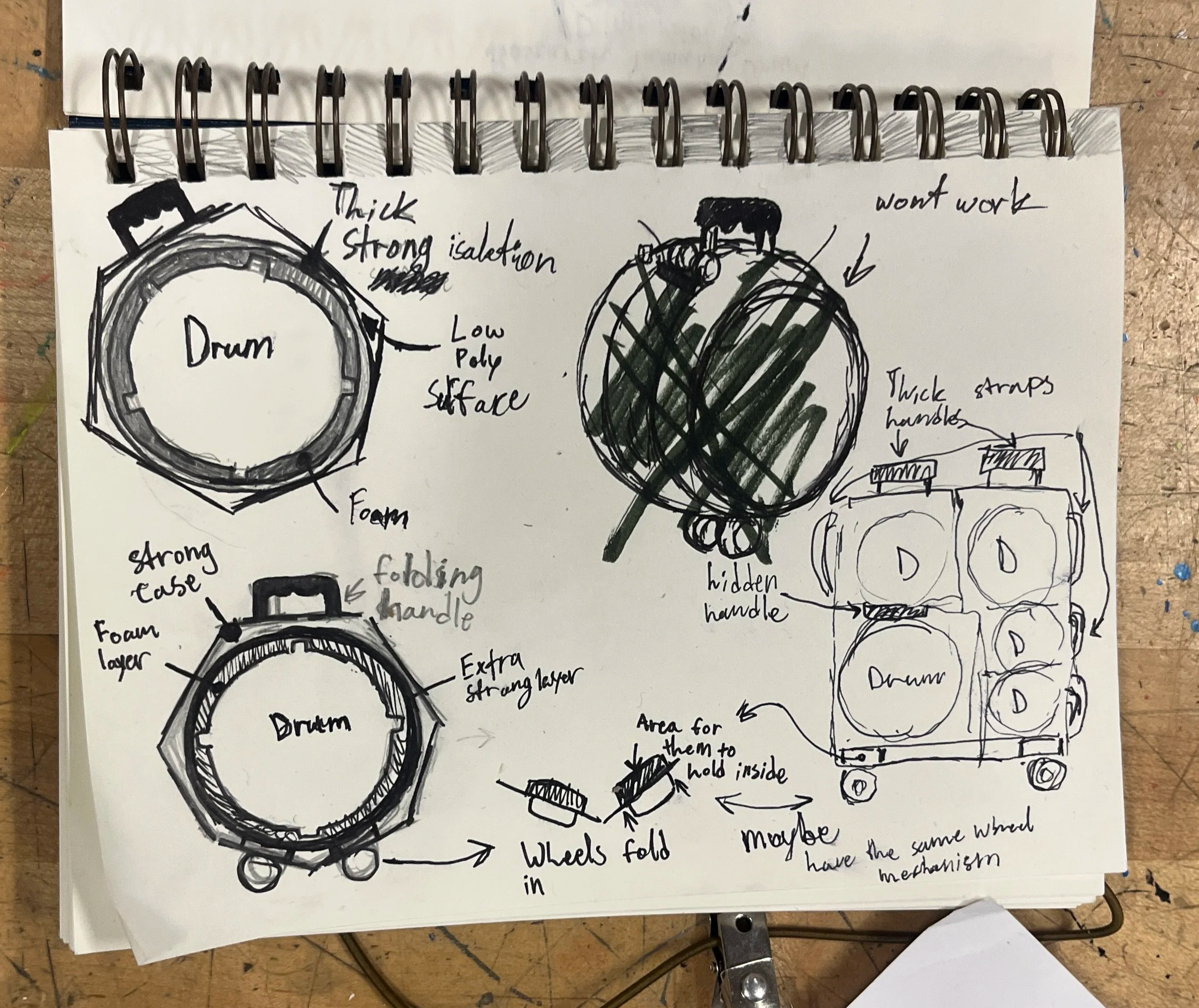 Notebook Sketch inof potential drum case design with handwritten annotations