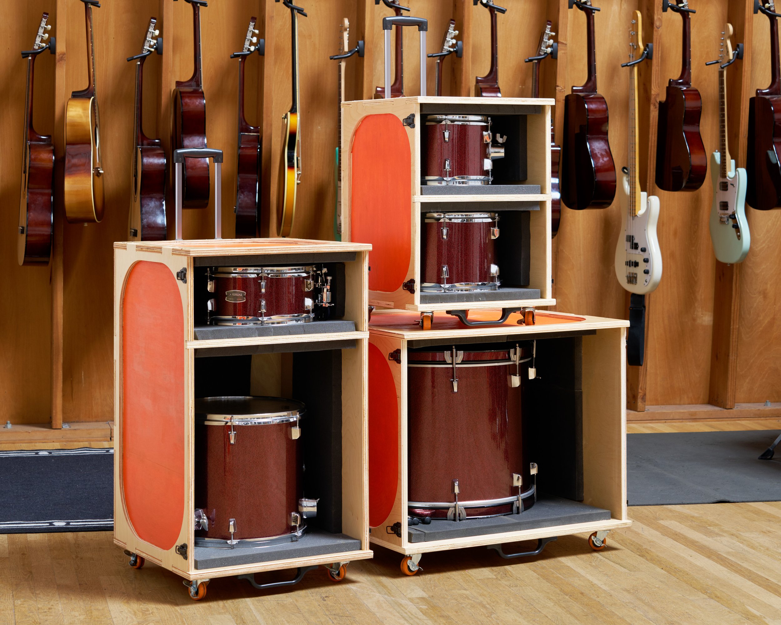 dumb kits set up as shelves without front cover to store drums when not in use