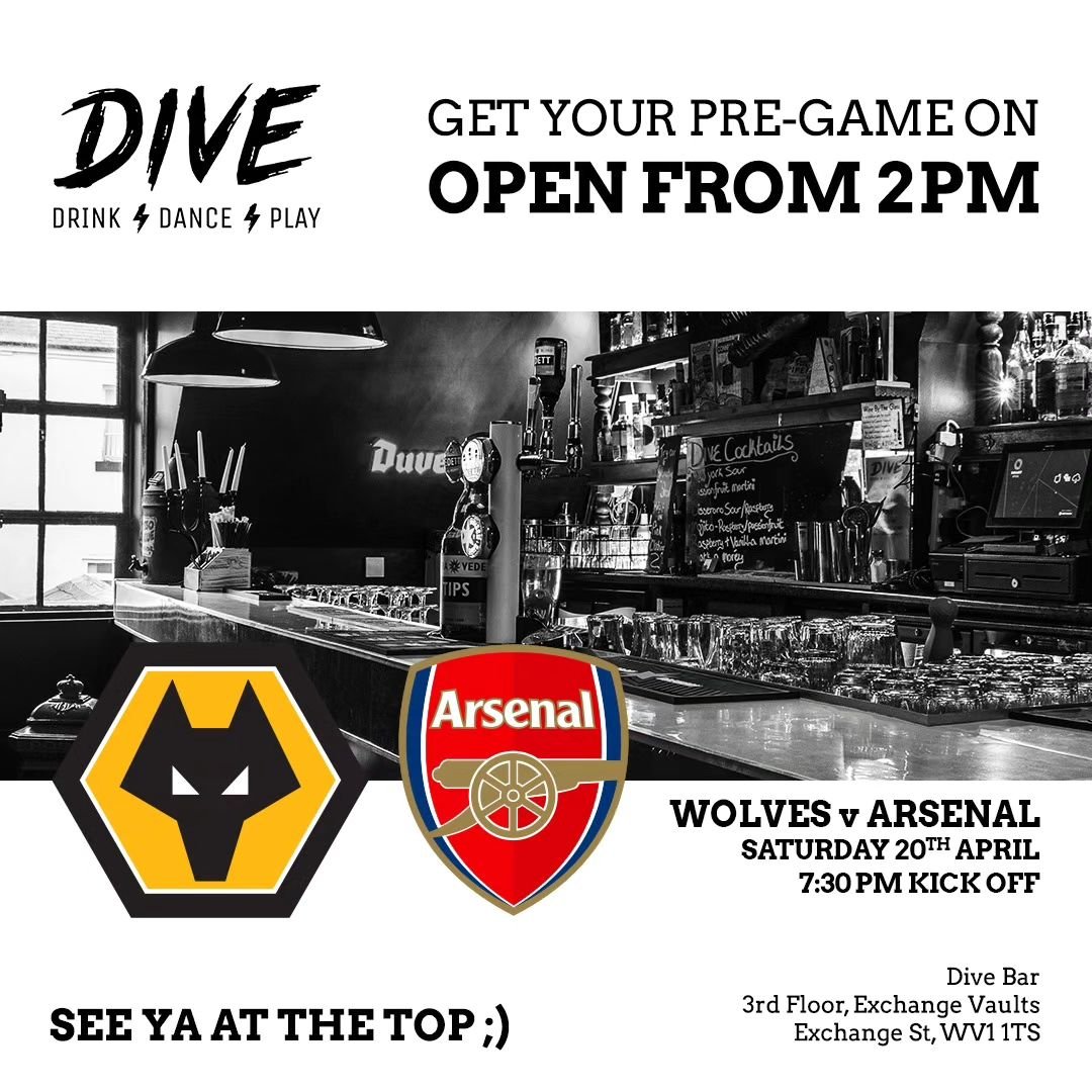 ⚽️ 🐺 MATCHDAY SPECIAL THIS SATURDAY! 🐺 ⚽️

The mighty Gold and Black host Arsenal in the evening kick off, so we're open from 2pm right through til late!

Get your pre-game on 🙌🏼

See ya at the top ;)

#DiveWolves #Wolves #Matchday #WolvesAyWe #W