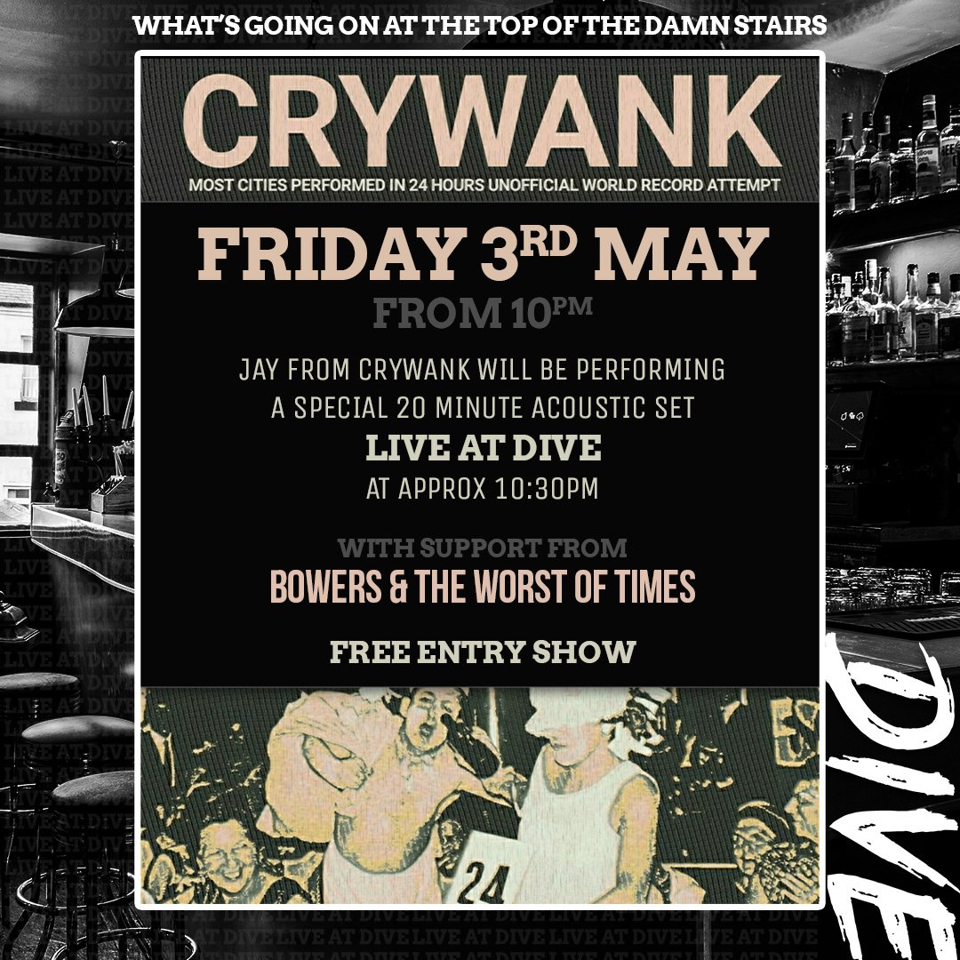 🚨 🚨 🚨 🚨 🚨
SPECIAL SHOW ANNOUNCEMENT
⚡ LIVE @ DIVE ⚡

FRIDAY 3/5 - from 10pm
We will be hosting the absolute insanity that is @crywank as they attempt their unofficial world record of playing the most cities in 24 hours (!!!) with a special perfo