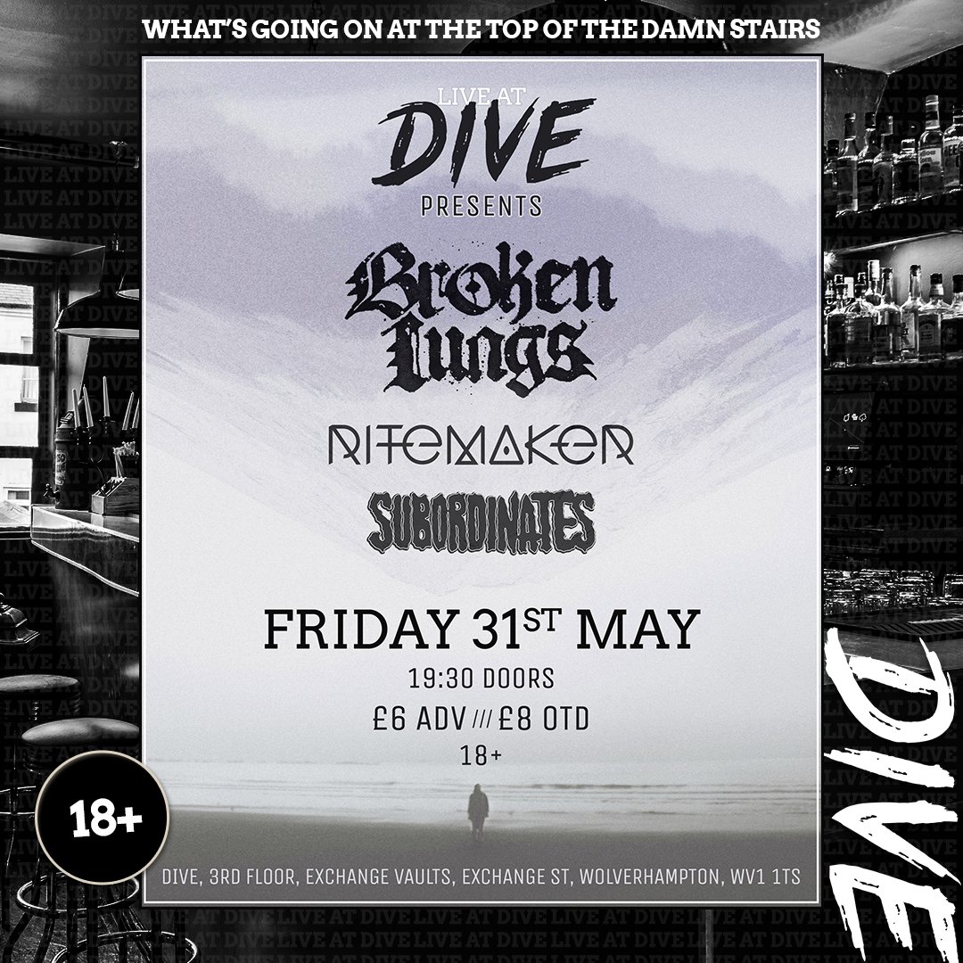 🚨 🚨 🚨
JUST ANNOUNCED
⚡ LIVE @ DIVE ⚡

FRIDAY 31/5 - from 7:30pm
Welcoming a trio of the Second City&rsquo;s finest hardcore / post-hardcore adjacent noise into the heart of Wolves city centre!

@brokenlungsuk are a noisy hardcore four piece from B