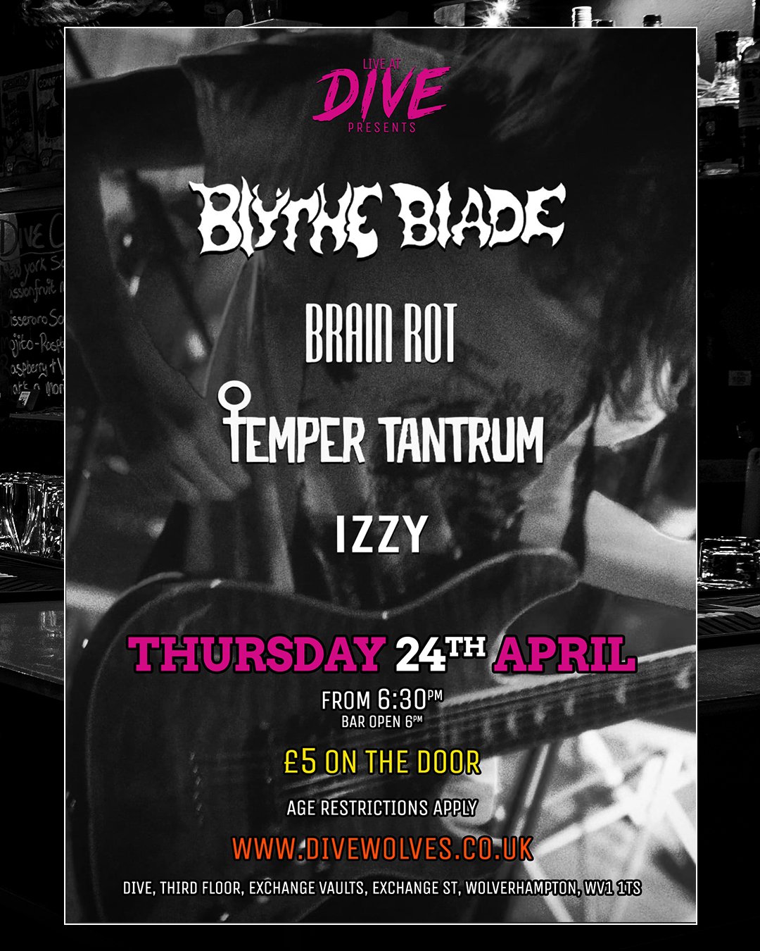 🚨⚡ LIVE AT DIVE NEXT WEEK ⚡🚨

⚡ Thursday 24th April - from 6:30pm

⚡ We're thrilled to be hosting the very first headline set from queercore mosh punks @blytheblade0121 alongside the alternative/grunge of @thebrainrotband - both making their DIVE d