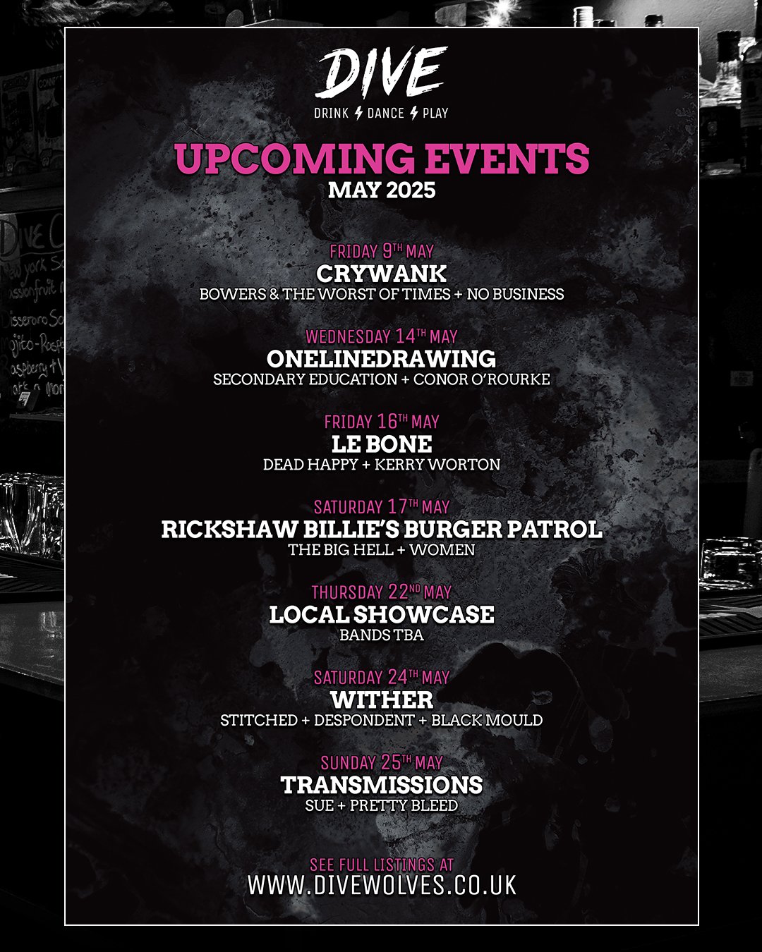 🚨⚡ BIG LINEUP THIS MONTH! ⚡🚨

⚡ Friday 9th May ⚡ 
@crywank + @b.at.w.o.t + @no_business_wlv 

⚡ Wednesday 14th May ⚡
@aonelinedrawingis + @secondaryeducationsongs + @conoracoustic 

⚡ Friday 16th May ⚡
@le_bone_le_bone + @deadhappyband + @kerrywort