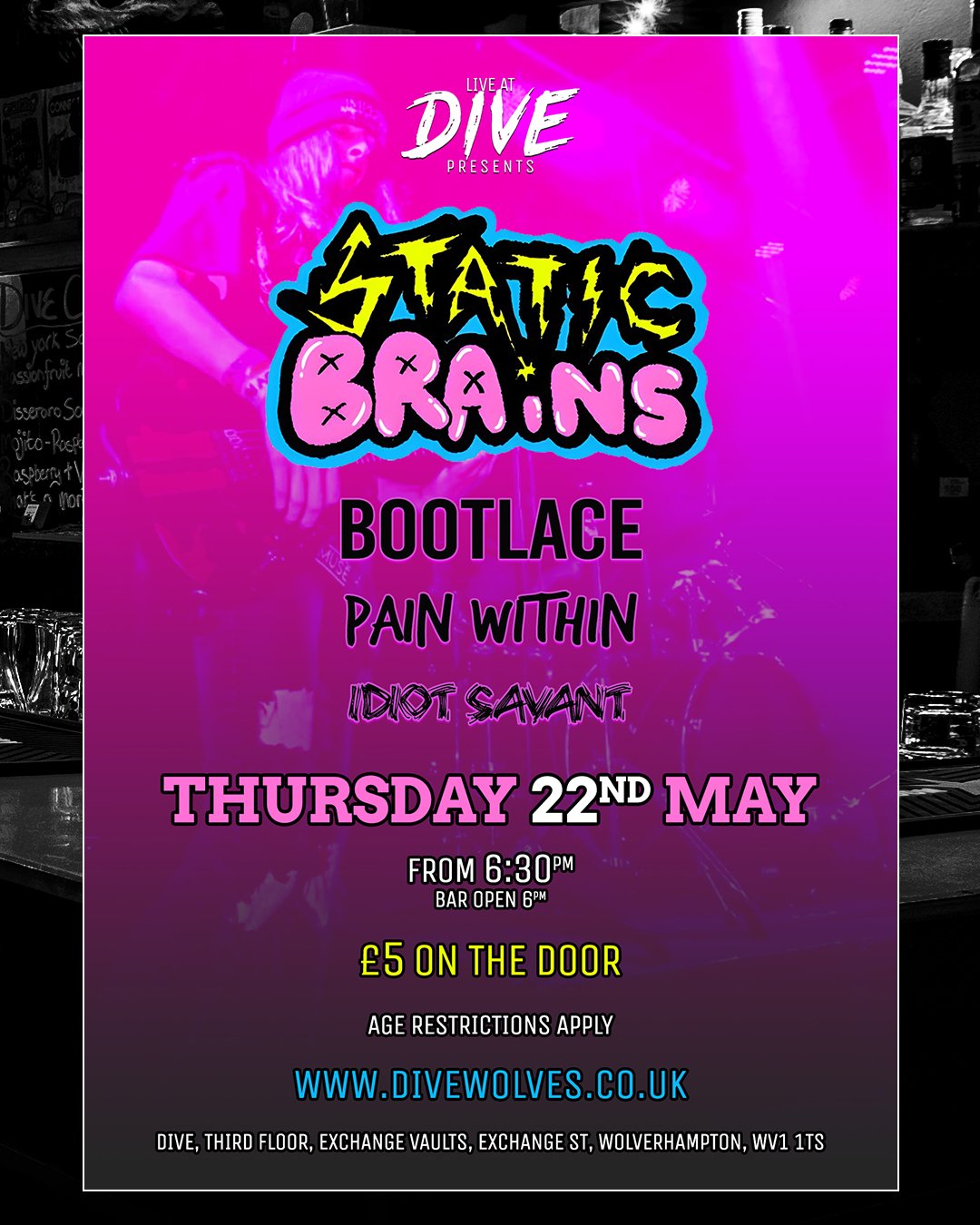 🚨⚡ LIVE AT DIVE NEXT WEEK ⚡🚨

⚡ Thursday 22nd May - from 6:30pm

⚡ We're buzzed to be hosting a variety of local bands next week that really bring the noise, topped by none other than the incredible @staticbrainsband back for the first time this ye