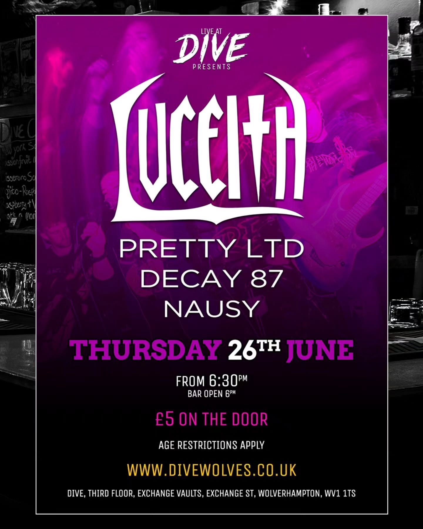 🚨⚡ LIVE AT DIVE ⚡🚨

⚡ Thursday 26th June - from 6:30pm

⚡ We're thrilled to be hosting a debut headline show at DIVE for superlative West Mids rockers @luceithband, joined by @prettylimitedband bringing their brand of first class pop rock all the w