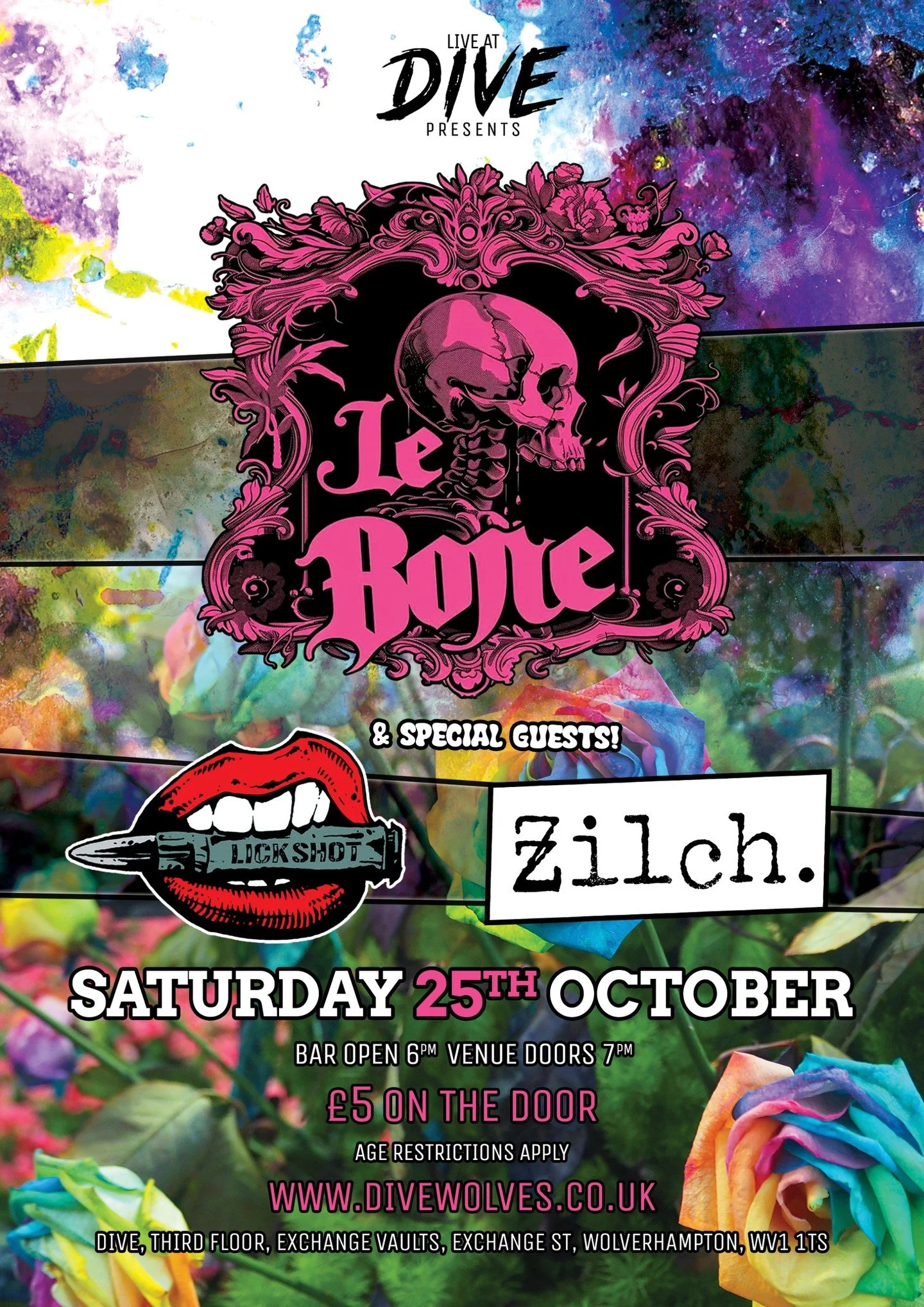 🕺🦴💃 LE BONE AT DIVE 💃🦴🕺

📅 Saturday 25th October
🍻🍹 Bar open 6pm
🎸🪕 Venue doors 7pm

⚡ ⚡ LINEUP ⚡ ⚡ 
◽ @le_bone_le_bone
◽ @lickshotuk
◽ @zilchbanduk

The boners are back! The most fun and possibly worst categorised band in all of Wolverham