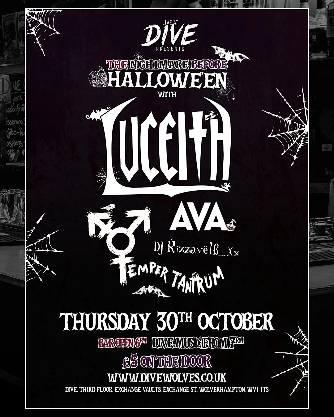 🎃👻🦇 THE NIGHTMARE BEFORE HALLOWEEN 🦇👻🎃

📅 Thursday 30th October
🍻🍹 Bar open 6pm
🎸🥁 Start 7pm

⚡ 👻 LINEUP 👻 ⚡
◽ @luceithband
◽ @ava.officialband
◽ DJ Ŕizzav&euml;l&szlig;_Xx
◽ @tempertantrumband

It&rsquo;s the Nightmare before Hallowe&rs