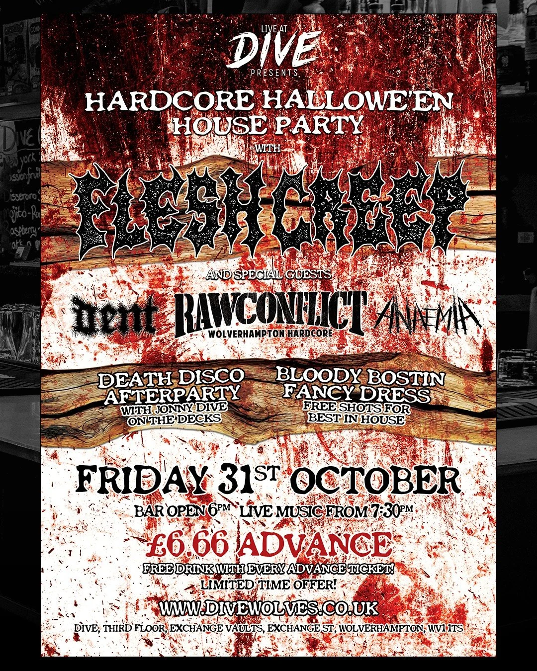🎃👻🦇 HARDCORE HALLOWEEN LINEUP! 🦇👻🎃

📅 Friday 31st October
🍻🍹 Bar open 6pm
🎸🥁 Start 7:30pm

⚡ 👻 LINEUP 👻 ⚡
◽ @fl3shcr33p
◽ @rawconflictwvhc
◽ @dent.bodymusic
◽ @anaemiasludge

🎃 Prepare yourselves for the most hardcore of house parties t