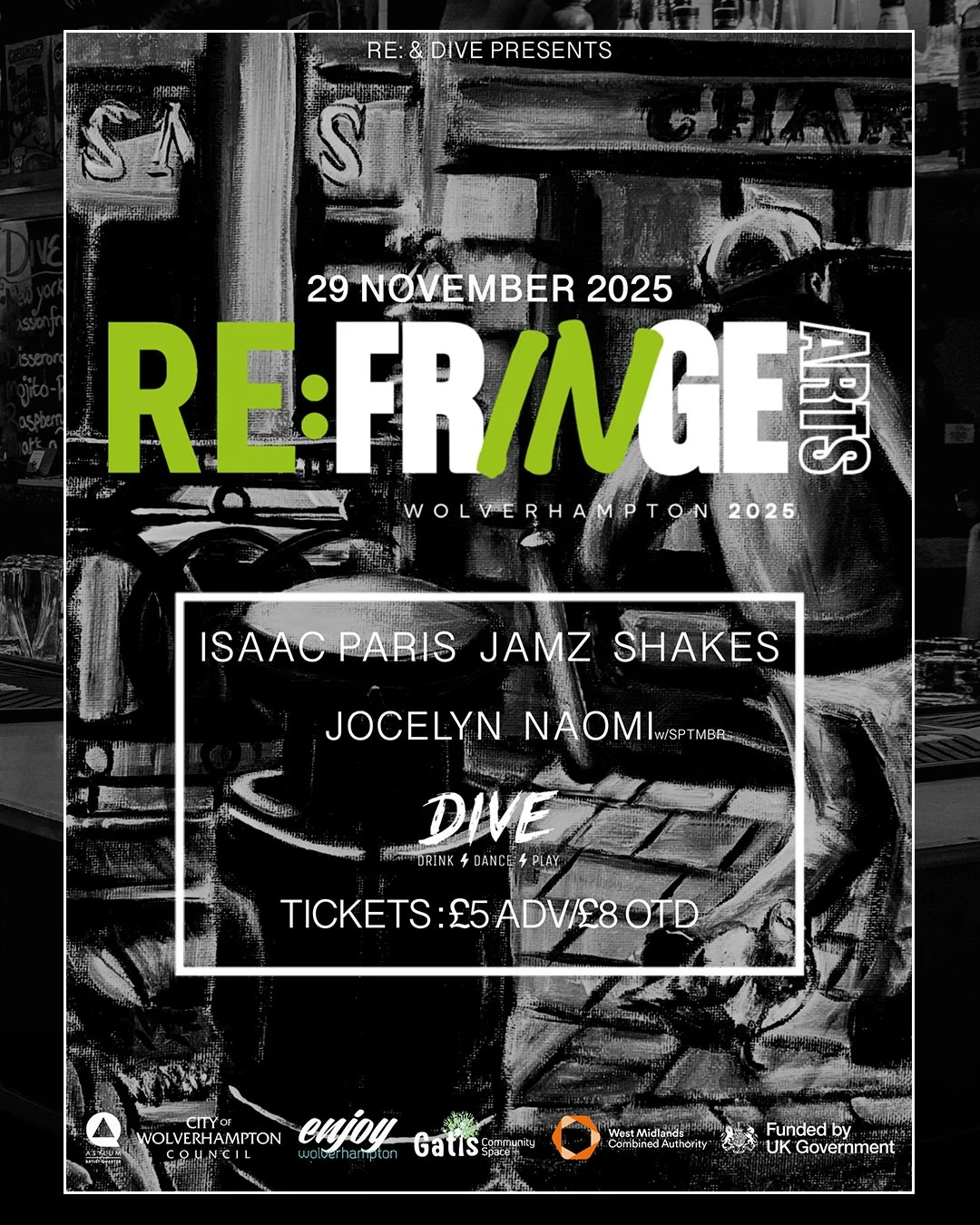 ⚡ TOMORROW! RE: FRINGE ARTS AT DIVE ⚡

📅 Saturday 29th November
🍻🍹 Bar open 6pm
🎤🎶 Start 7pm

⚡🔥 LINEUP 🔥⚡
◽ @therealpari5
◽ @itsrlly_jamz
◽ @iamshakesharris
◽ @jocecompton &amp; Bearstel
◽ @naomielsonxo w/ @sptmbrsstory

RE: @fringeartswolves