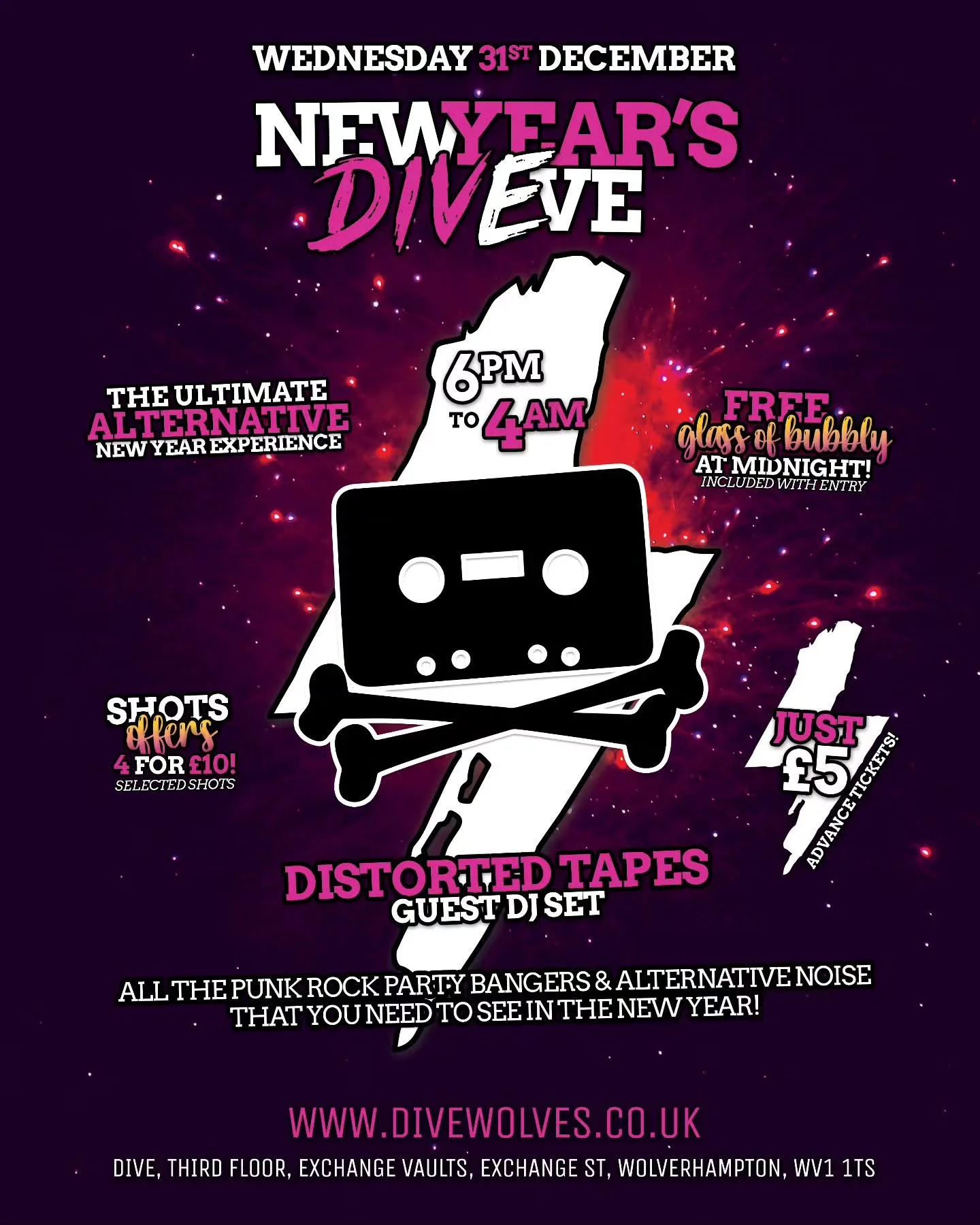 🎉🥳⚡️ NEW YEAR'S DIVEVE ⚡️🥳🎉

📅 Weds 31st December
🍻🍹6pm - 4am

🌟 The Ultimate Alternative New Year Experience!
🌟 Guest DJ set from @distortedtapes
🌟 Free glass of bubbly at midnight
🌟 Free snacks &amp; nibbles 
🌟 Selected shots 4 for &pou