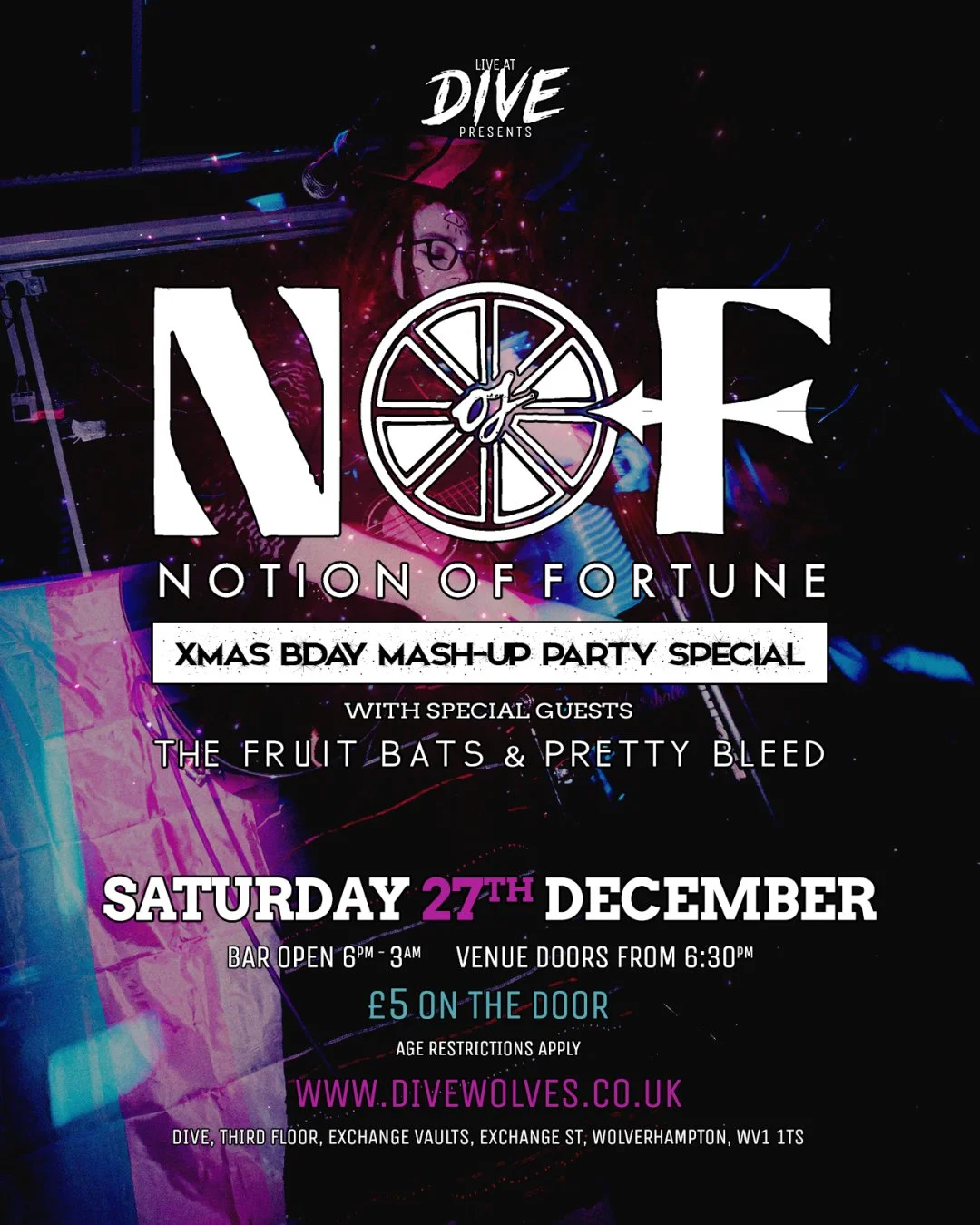 🚨⚡ LIVE AT DIVE ⚡🚨

⚡ Saturday 27th December - from 6:30pm

⚡ Celebrating a special xmas/bday mash-up weekend of shows, your favourite Wolvo emo-folk collective NOTION OF FORTUNE [@notion_of_fortune] return to DIVE for night one this coming SATURDA