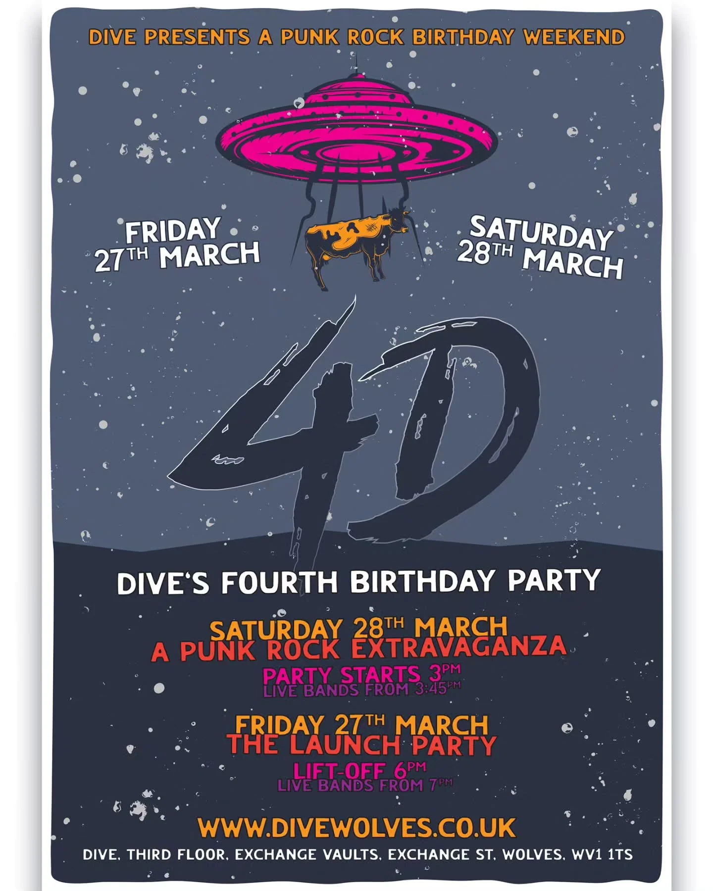 🚨⚡ 4D: DIVE'S FOURTH BIRTHDAY PARTY⚡🚨

⚡ Fri 27th &amp; Sat 28th March

⚡ It's that time of year again, and our birthday is bigger than ever! Imagine that! On Saturday 28th March, prepare for a punk alldayer, an extravaganza if you will. We will ha