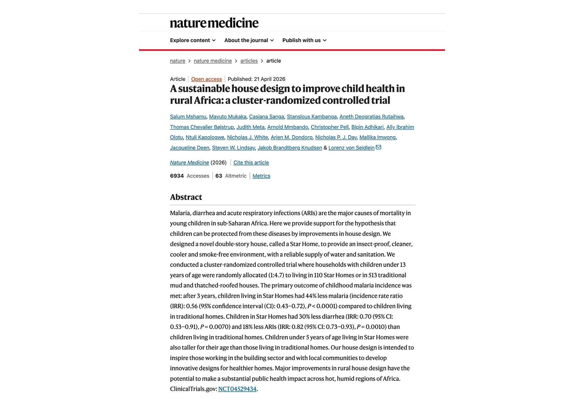 Nature Medicine: A sustainable house design to improve child health in rural Africa: a cluster-randomized controlled trial, April 21, 2026