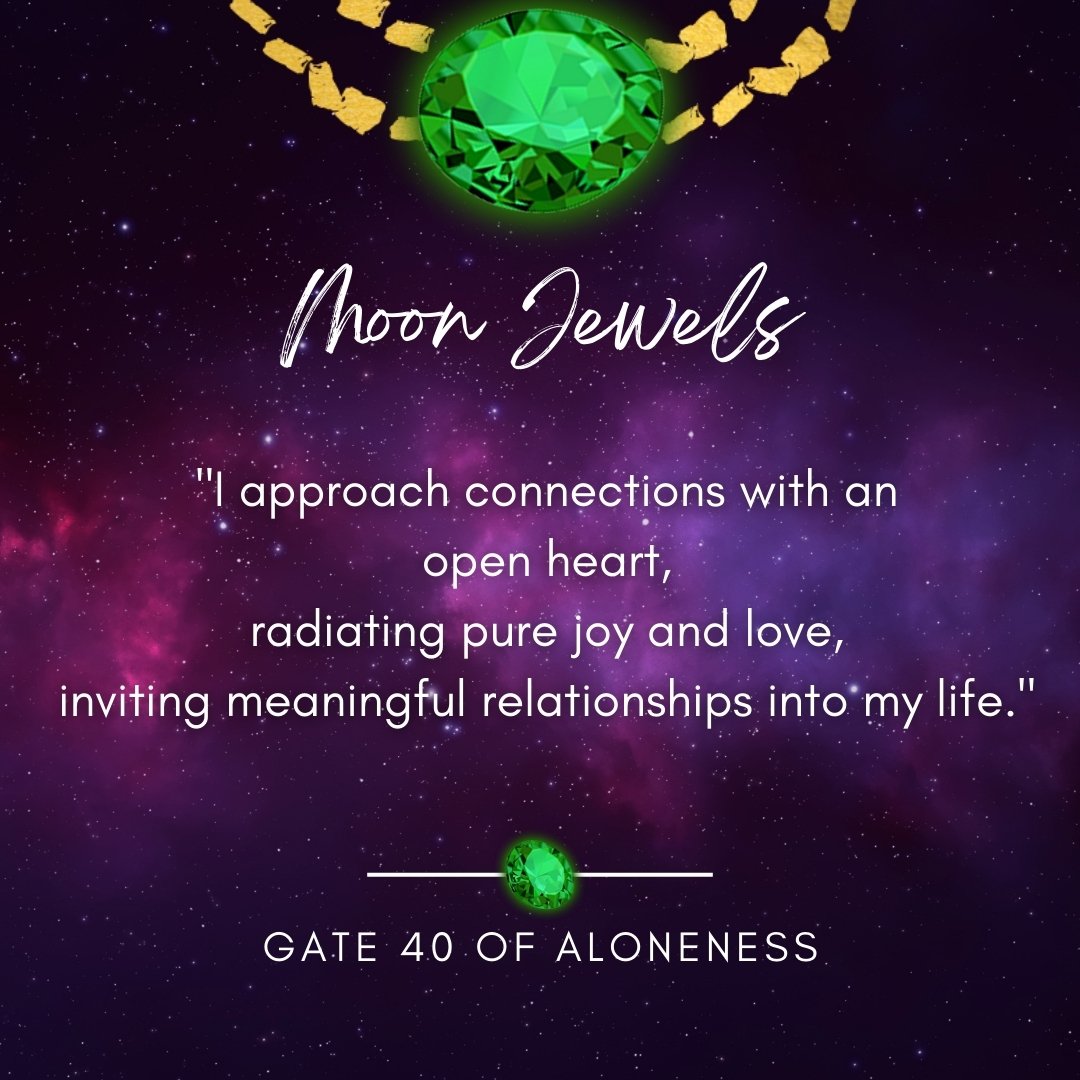 Hi Jewels, How are you?

Under the Moon's guiding light 🌕, the Human Design Heart Center Gate 40 speaks to us of Aloneness, revealing the profound experience of feeling alone even in a crowd&mdash;a crucial step in our journey of self-discovery and 