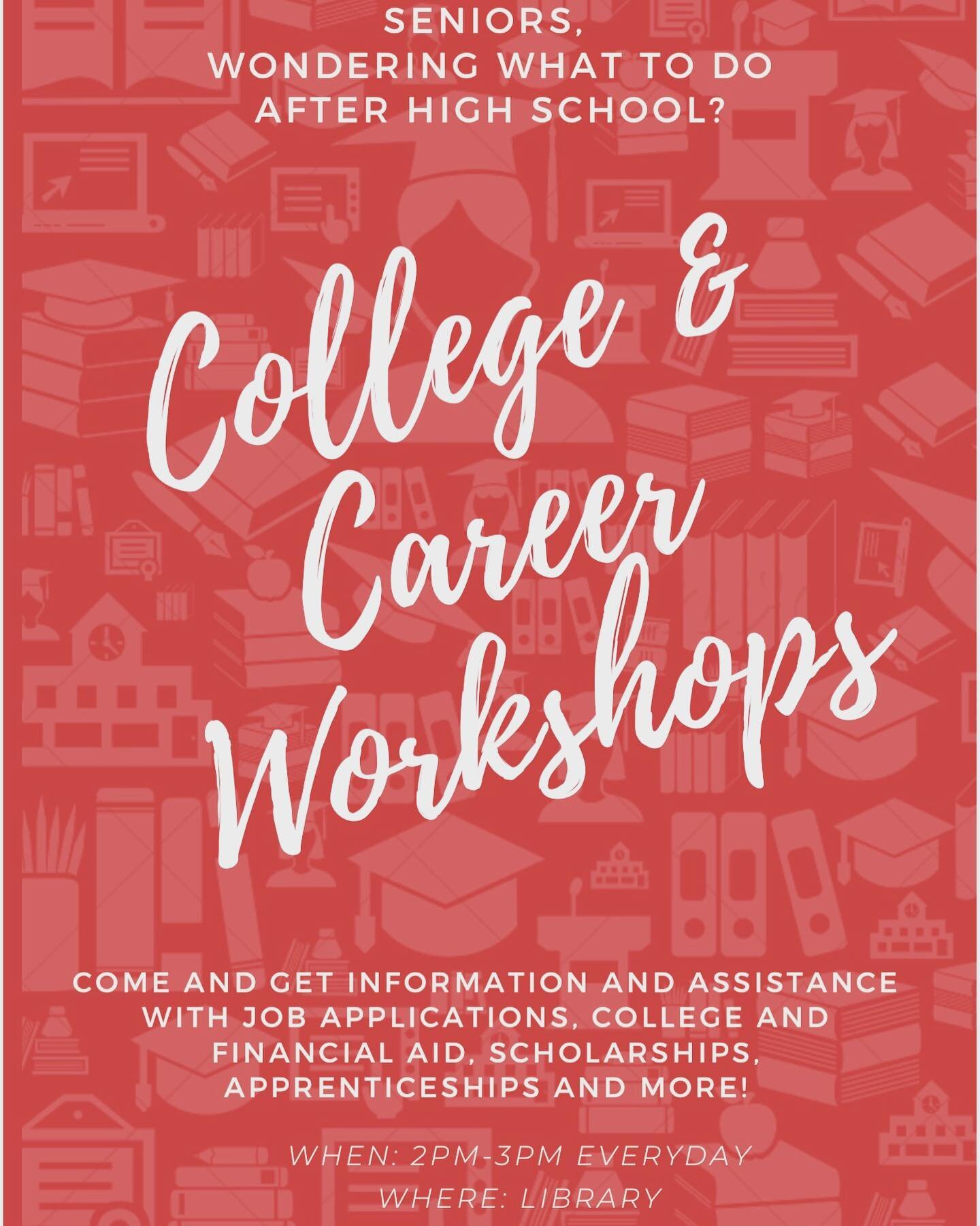 Hi seniors, starting next week we will have after school College and Career Workshops!! Please stop by if you have any questions or need help with any type of college and/or career application.  Hope to see you all there! 📝🎓