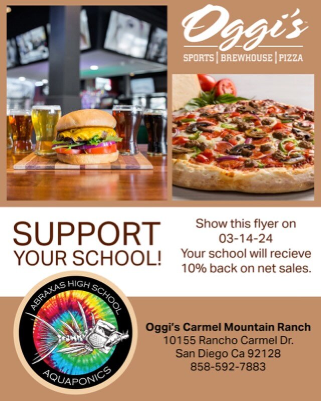 Why cook at home when you could eat pizza at Oggi&rsquo;s AND support Abraxas at the same time? This Thursday, March 14, Oggi&rsquo;s in Carmel Mountain Ranch will donate 10% back to Abraxas High School on net sales. Arrive hungry!