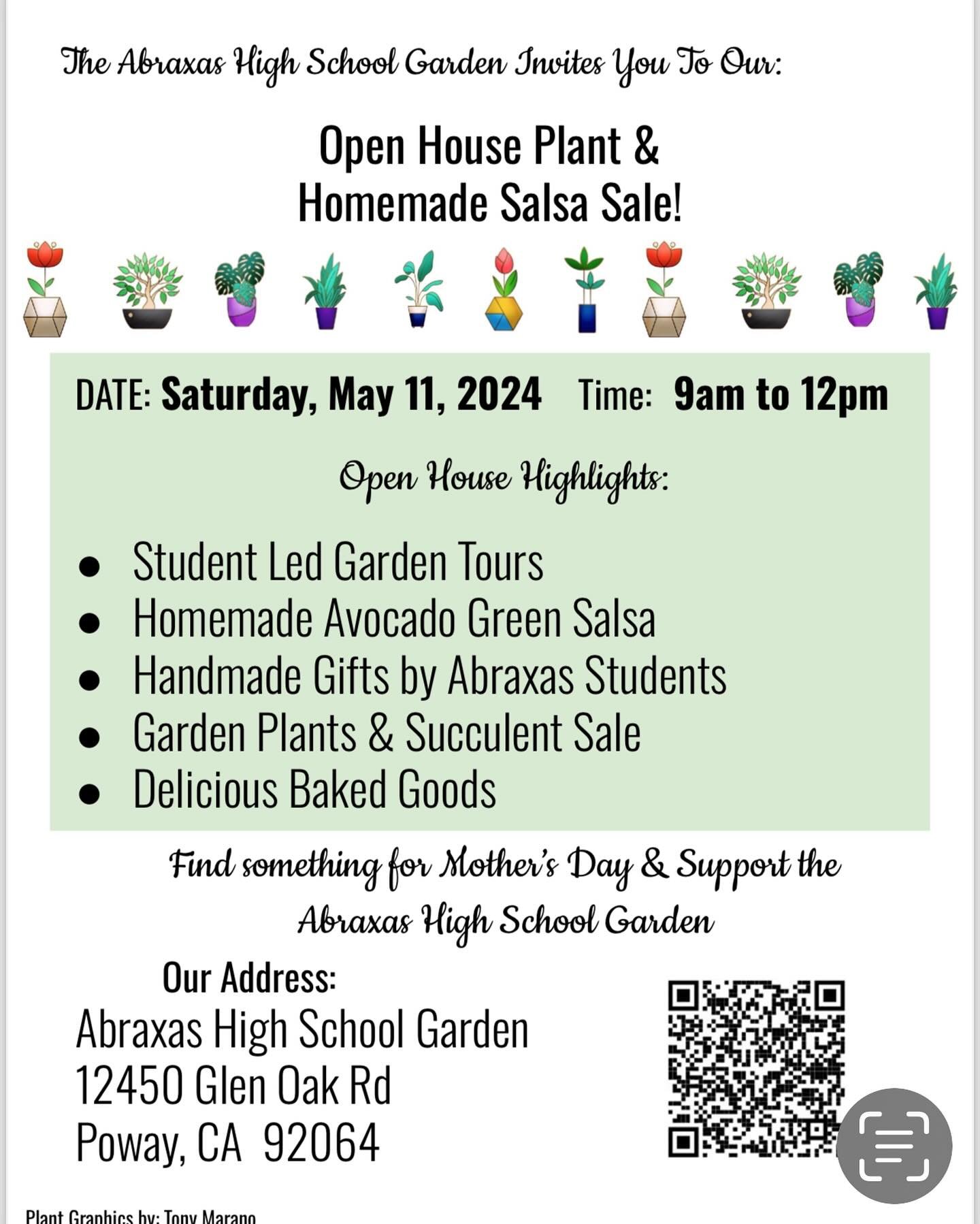 We are just over two weeks away from our garden fundraiser. 5/11/2024. We will be selling great plants for your garden, our famous green avocado salsa as well as student art. Come support us.