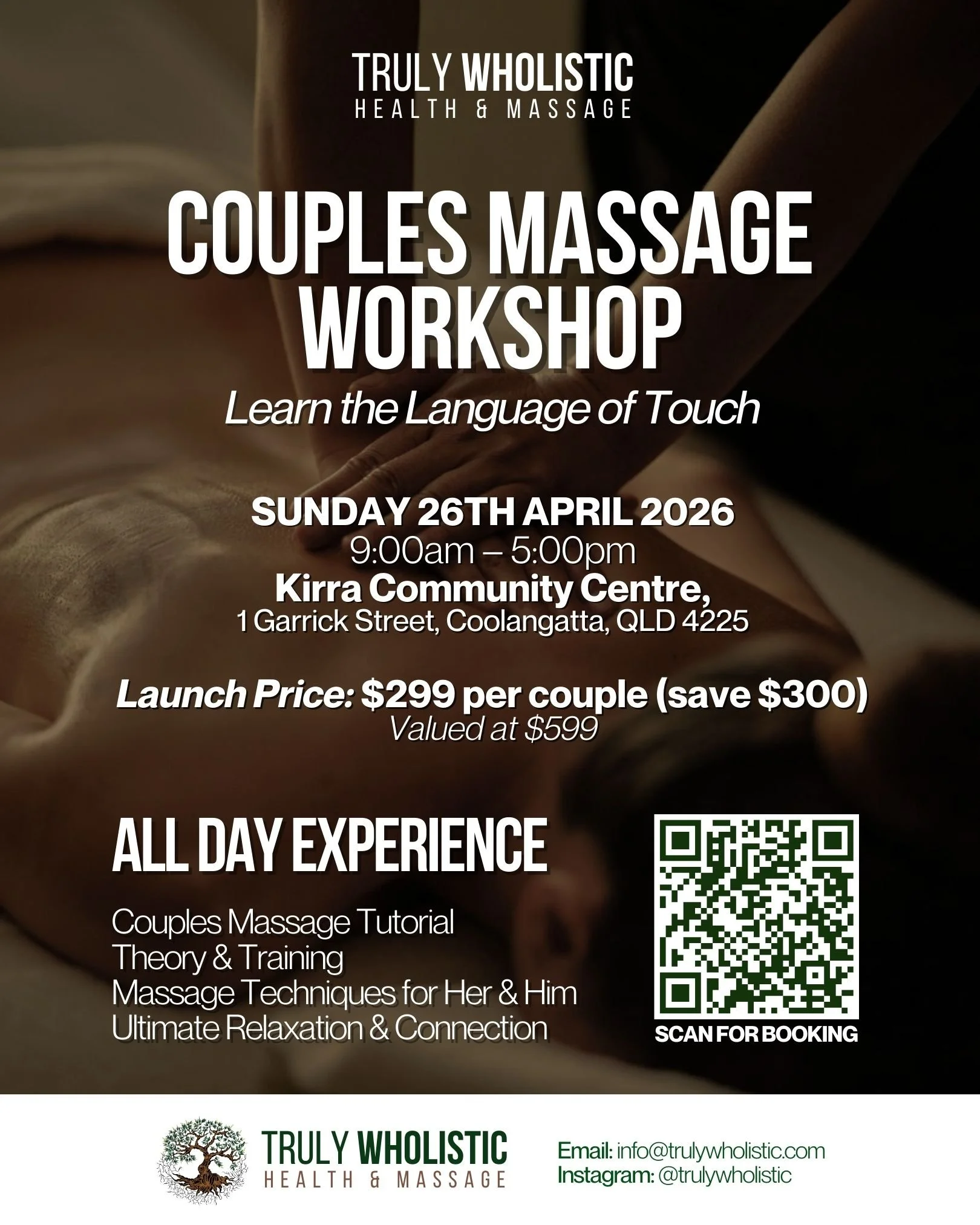 Flyer for a couples massage workshop on April 26, 2026, at Kirra Community Centre, including details about the schedule, price, experience offered, and a QR code for booking, with background of a massage scene.