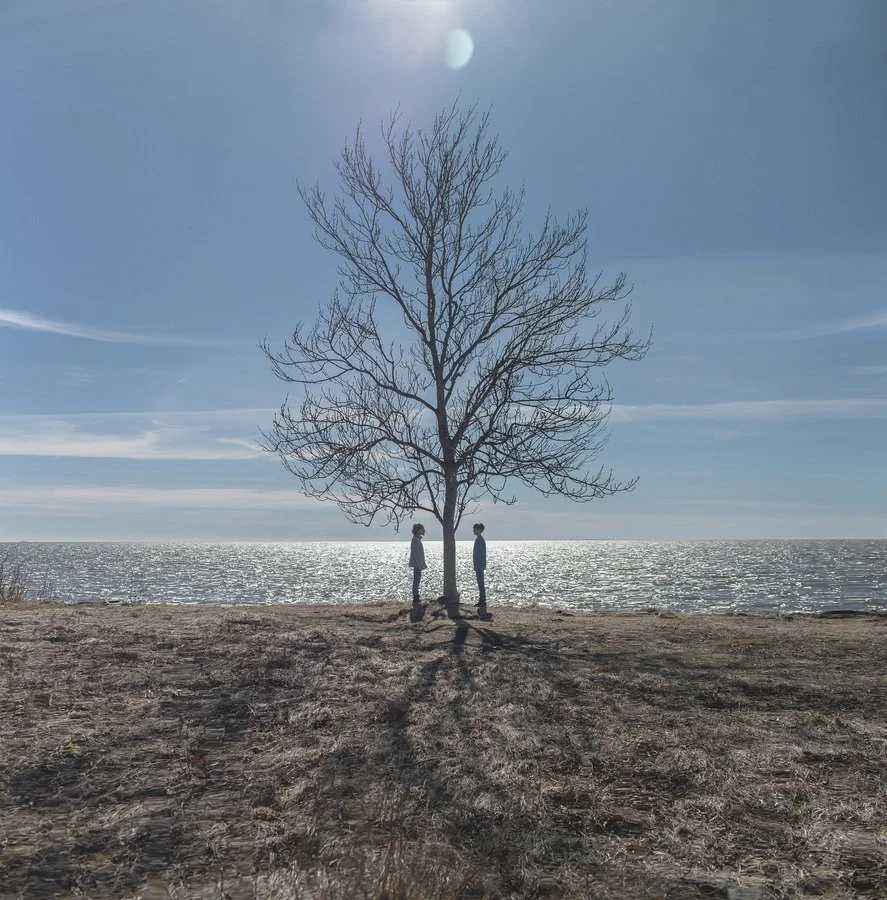 A leafless tree on a shore with the sea in the background, two people standing on either side of the tree, and a partly visible moon or bright object in the sky.