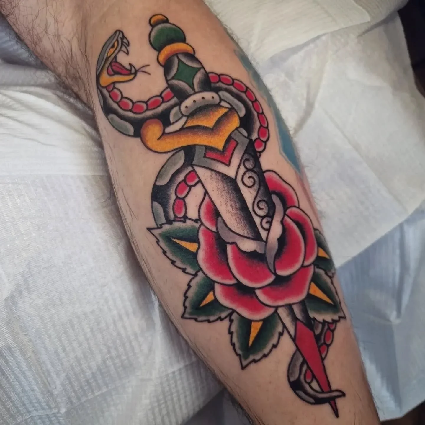 Snake &amp; dagger 🐍 - done by @goodlucktoni

Toni has a few spaces left in August. Get in touch to book in!

📍@wildhorsestattooco Wirral, UK
.
.
.. 
#wildhorsestattooco #traditionaltattoo #uktattoo #uktattooartists #tattoostudio #uktattoostudio #w