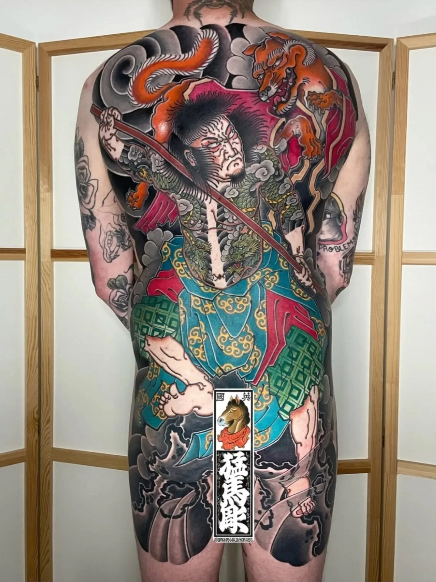 Completed backpiece for Benj - Done by @dannywildhorses 🦊

Benj was looking to get a kitsune (fox), and was happy to go with a full character/warrior as well. This one is based on one of the 108 Suikoden Sotoki Sosei. 

This was completed in 2024, a
