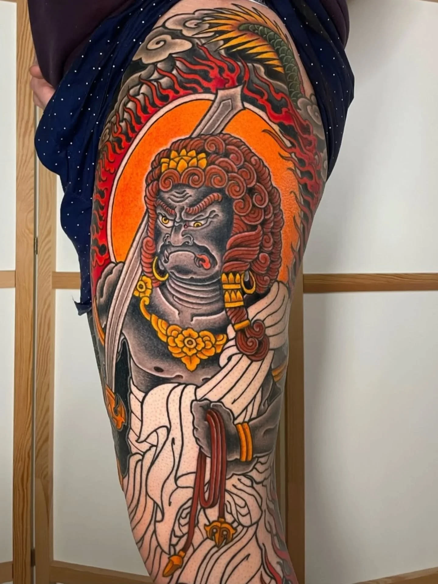Progress on this Fudo-Myō-ō leg sleeve for Gabe 🧡 - Done by @dannywildhorses 

If you're interested in getting some large-scale Japanese tattoos like a sleeve, chest or back-piece then get in touch to discuss your ideas! 

📍Wild Horses Tattoo Co., 