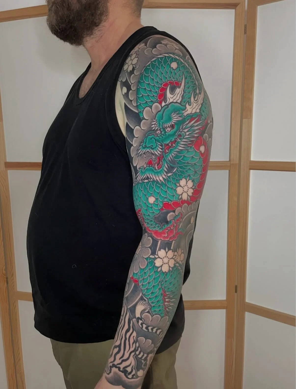 Work in progress for Dan - 🐉 Fresh colour with healed lines/background. Done by @dannywildhorses 

Get in touch with Danny if you&rsquo;re interested in starting some large-scale Japanese work! 

📍@wildhorsestattooco Wirral, UK
.
.
.
#japanesetatto