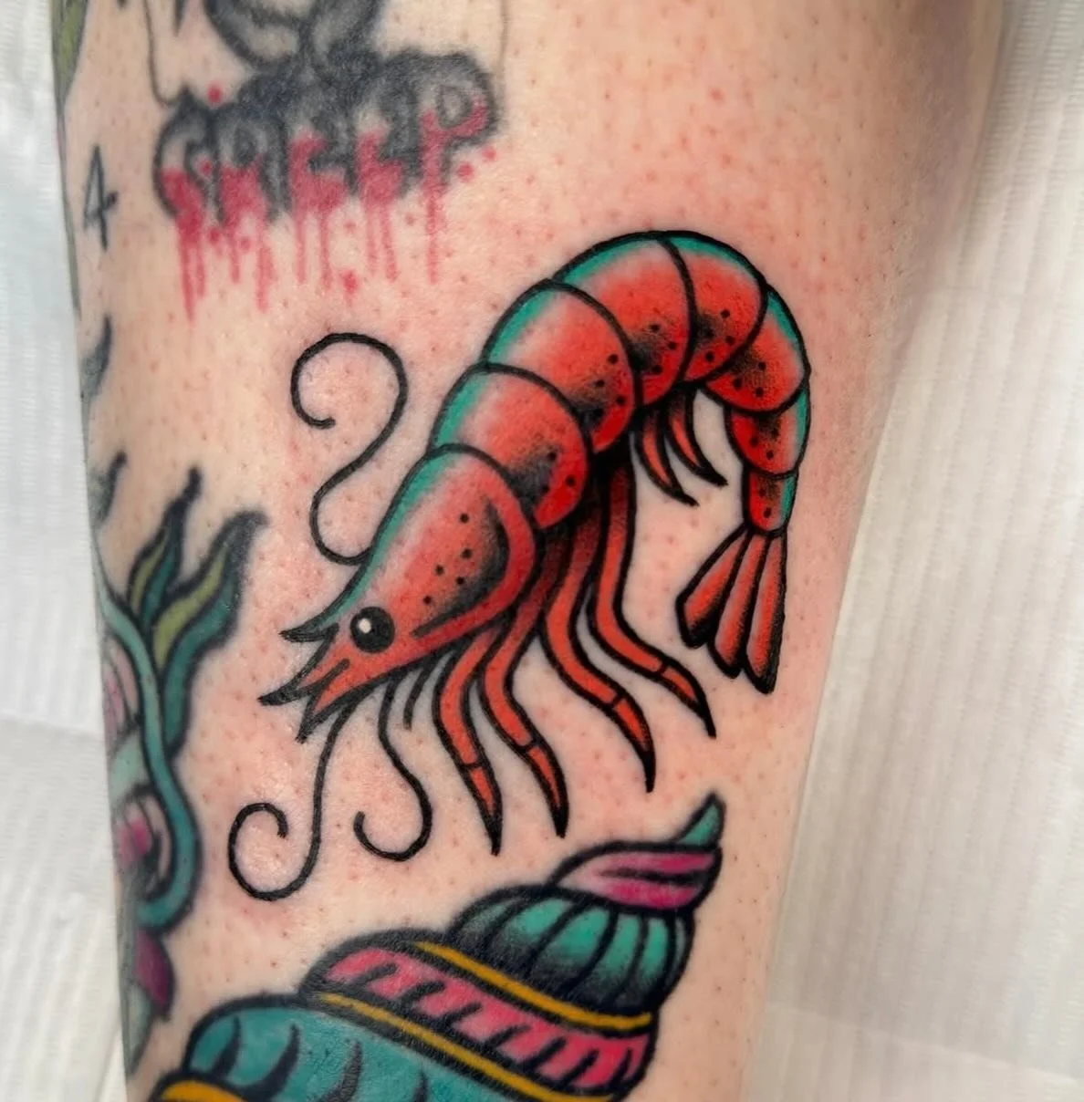 Fun little shrimp for Hannah!🦐 - by @goodlucktoni 

Get in touch with Toni for traditional tattoos!

📍Wild Horses Tattoo Co. Wirral, UK
.
.
.
#wildhorsestattooco #liverpooltattoo #wirraltattoo #traditionaltattoo #merseysidetattoo