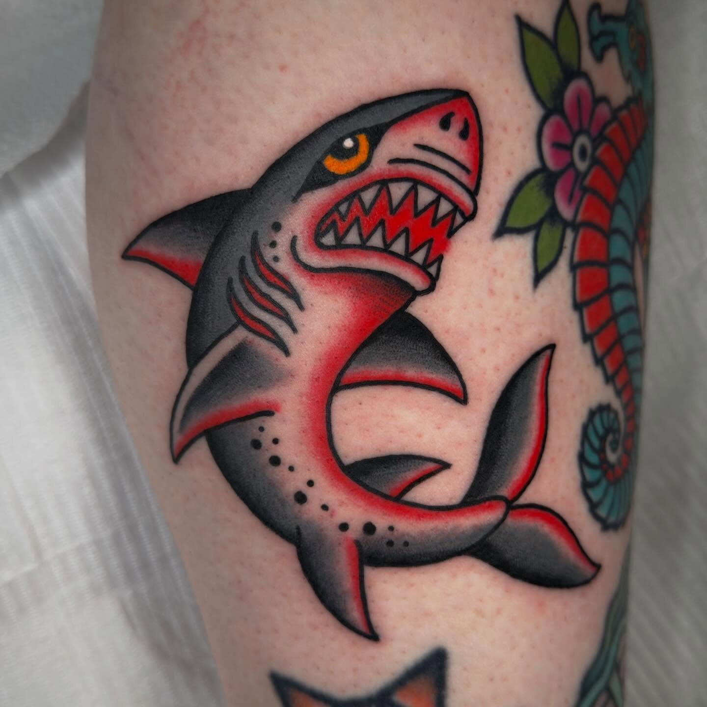 Cool shark 🦈 - by @goodlucktoni 

Get in touch with Toni for traditional tattoos!

📍Wild Horses Tattoo Co. Wirral, UK
.
.
.
#wildhorsestattooco #liverpooltattoo #wirraltattoo #traditionaltattoo #merseysidetattoo