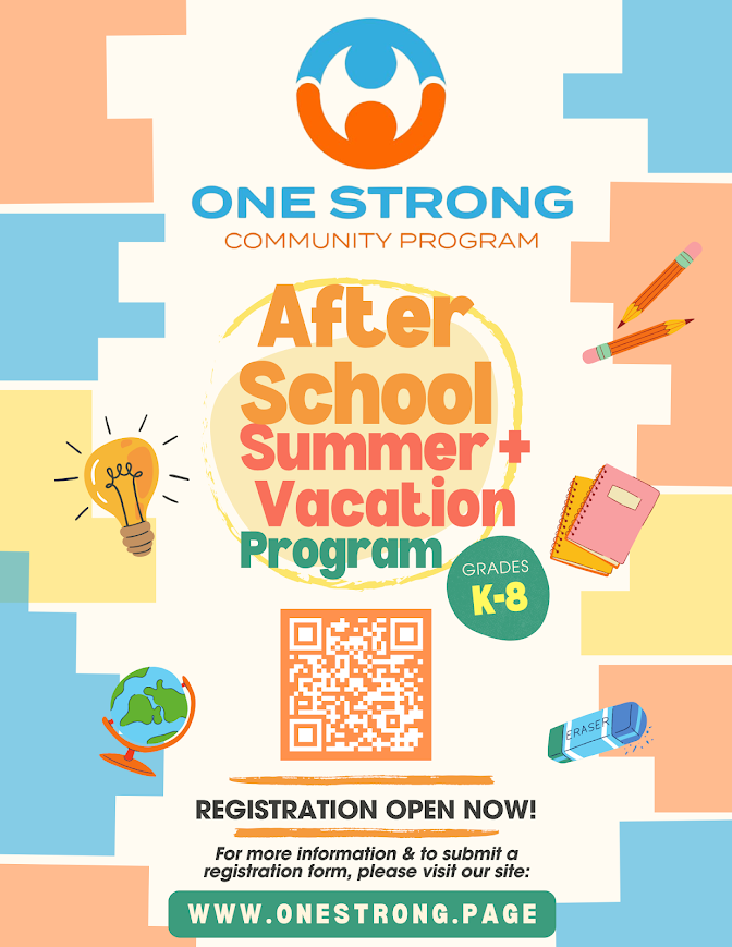 Flyer for One Strong Community Program promoting after school summer vacation activities for grades K-8, featuring colorful graphics of a light bulb, globe, and school supplies, with a QR code and website for registration.