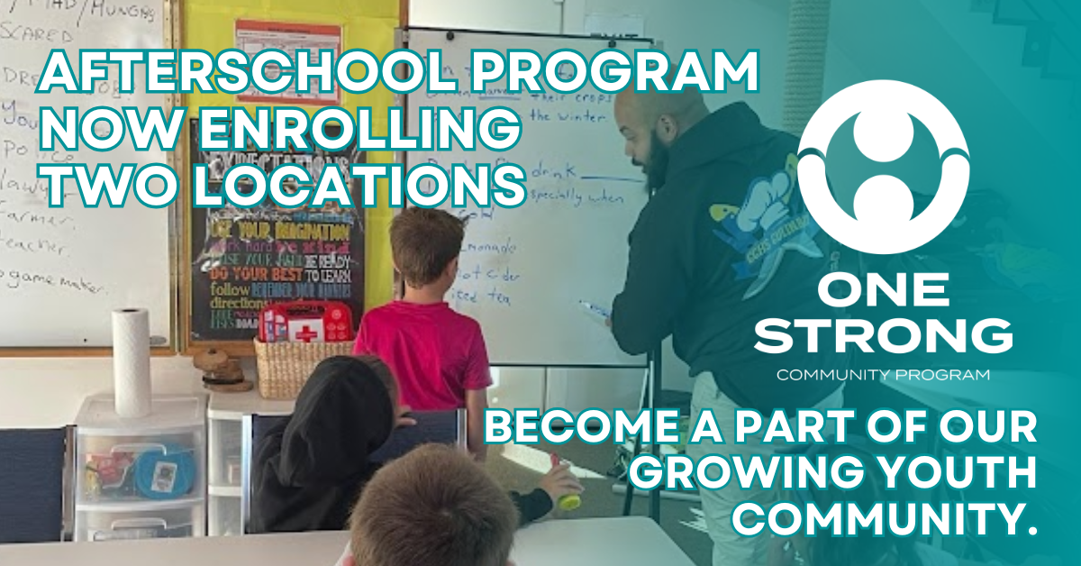 Promotional flyer for an afterschool program announcing enrollment at two locations, featuring a classroom scene with a teacher and students, and the community program logo.