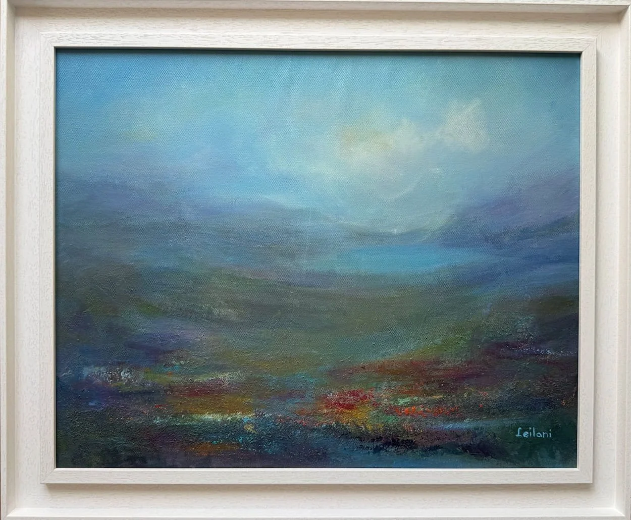 Beautiful painting of a field with a lake with frame