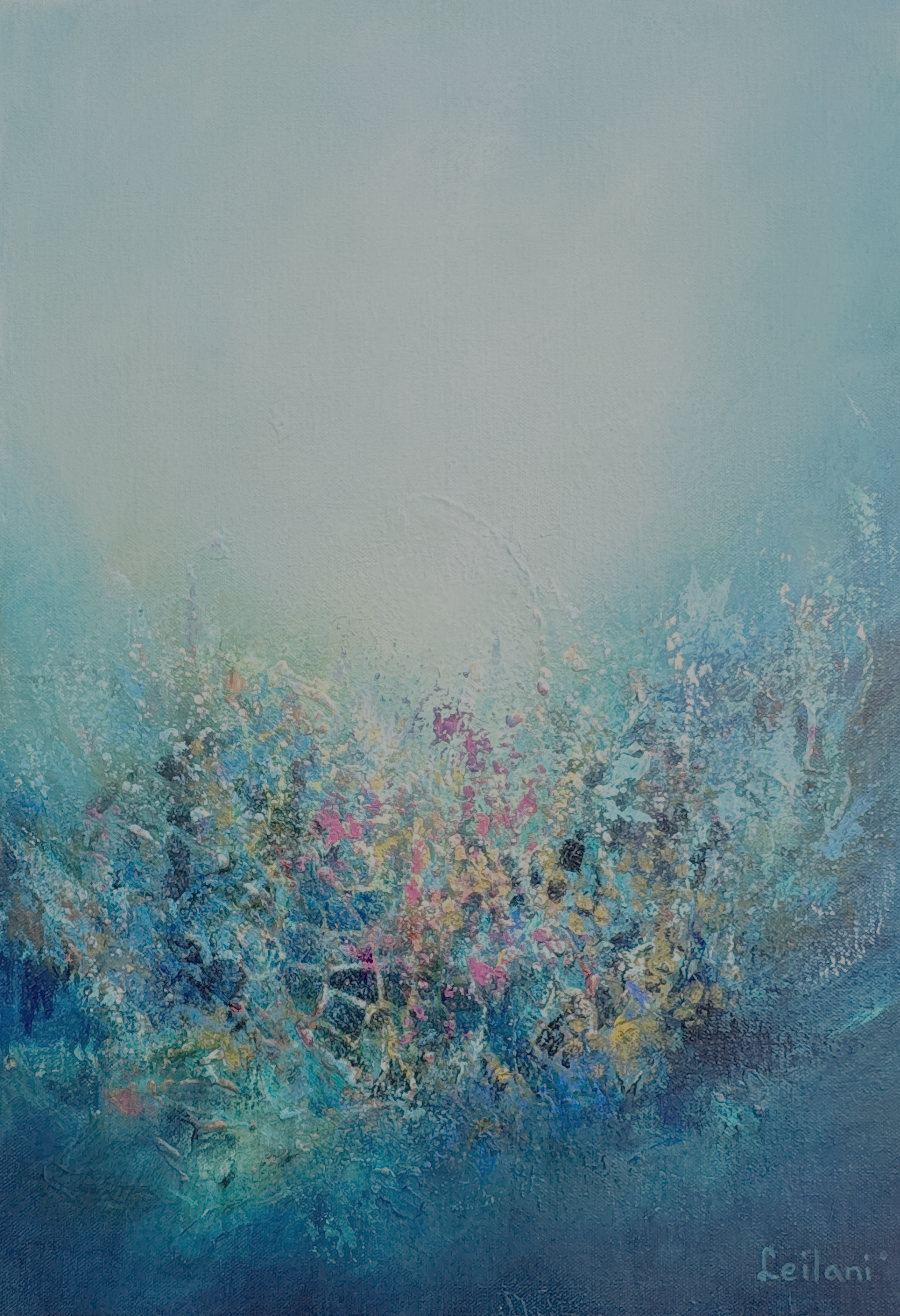 Abstract realism painting with vivid textured colours rising into luminous light, suggesting spiritual flourishing and radiant awakening.