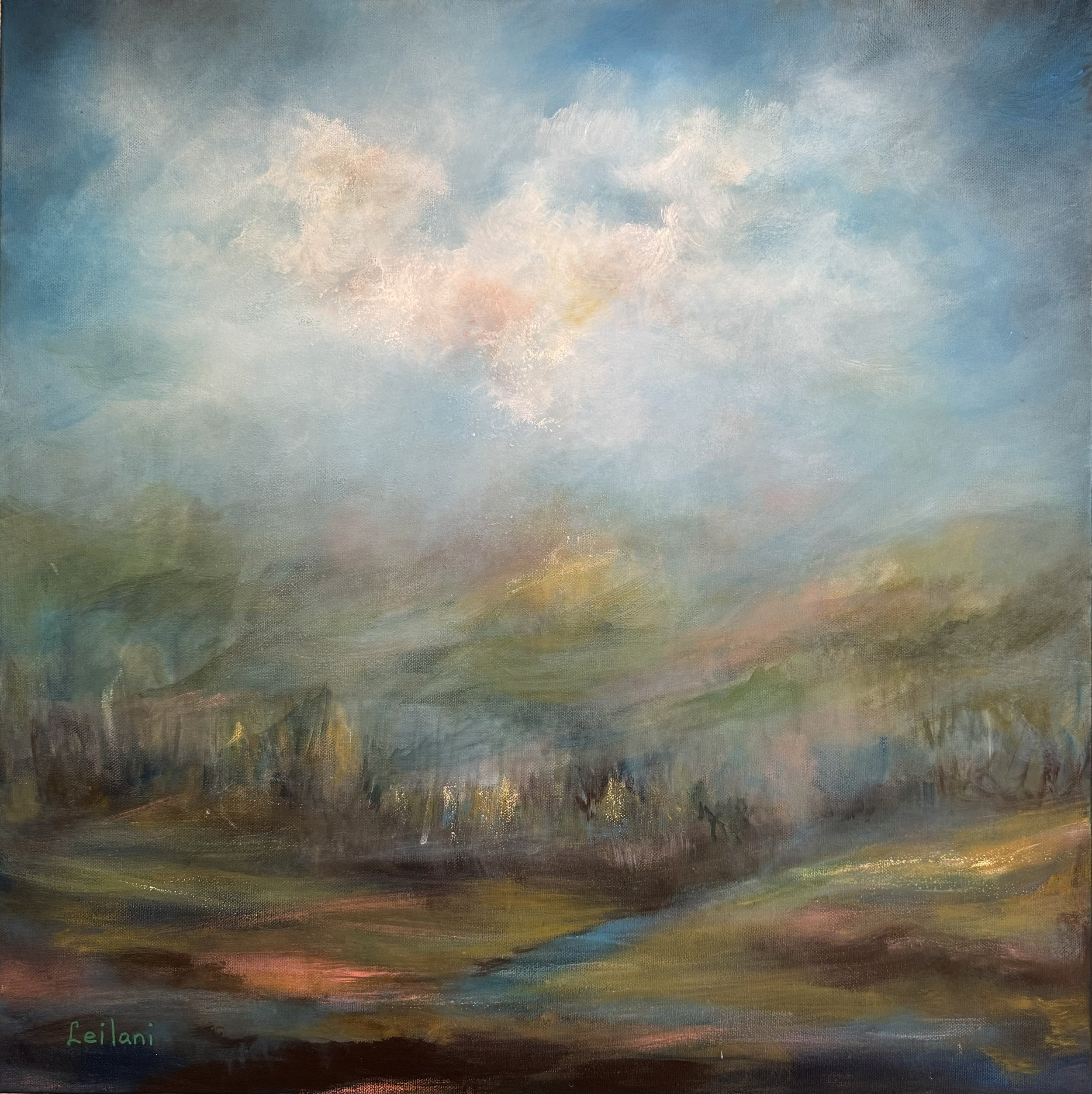 Tranquil acrylic painting titled Stillness of the Divine by Leilani Jeevaratnam, featuring soft clouds and pastel hues that evoke peace and introspection