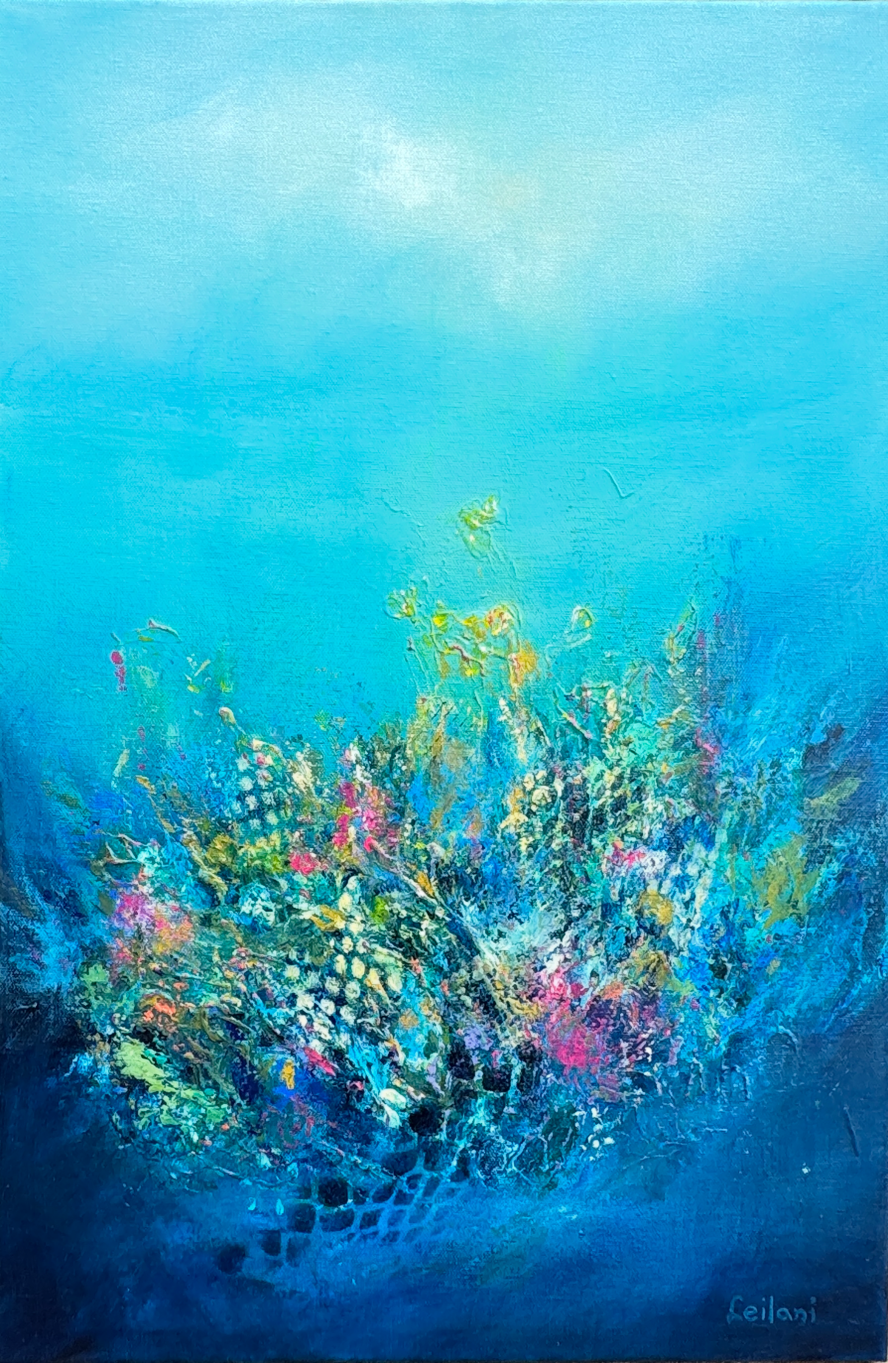 Abstract realism painting in shades of turquoise and blue with textured, uplifting floral-like forms, suggesting light, renewal and spiritual awakening.