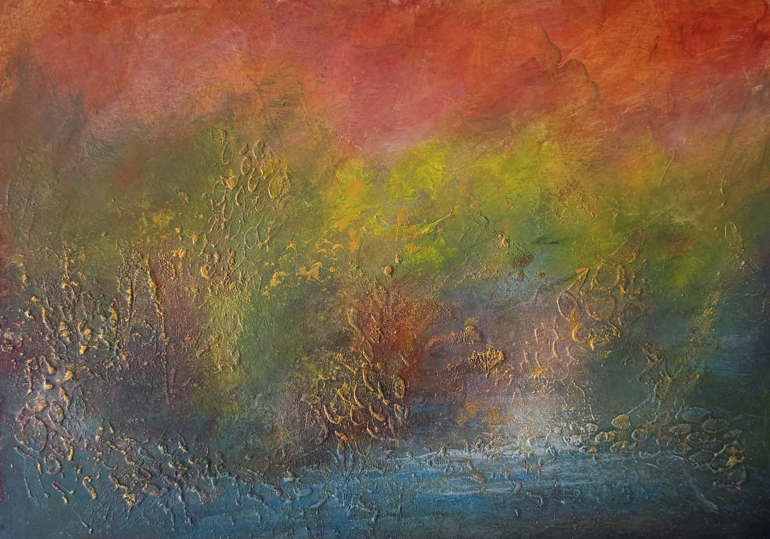 Abstract painting with textured, colorful surface in shades of red, green, yellow, blue, and orange.