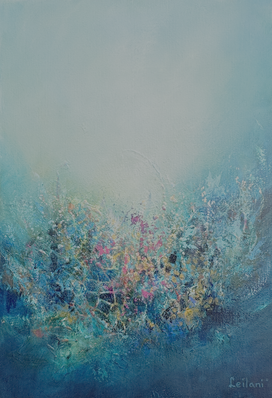 Abstract realism painting with vivid textured colours rising into luminous light, suggesting spiritual flourishing and radiant awakening.