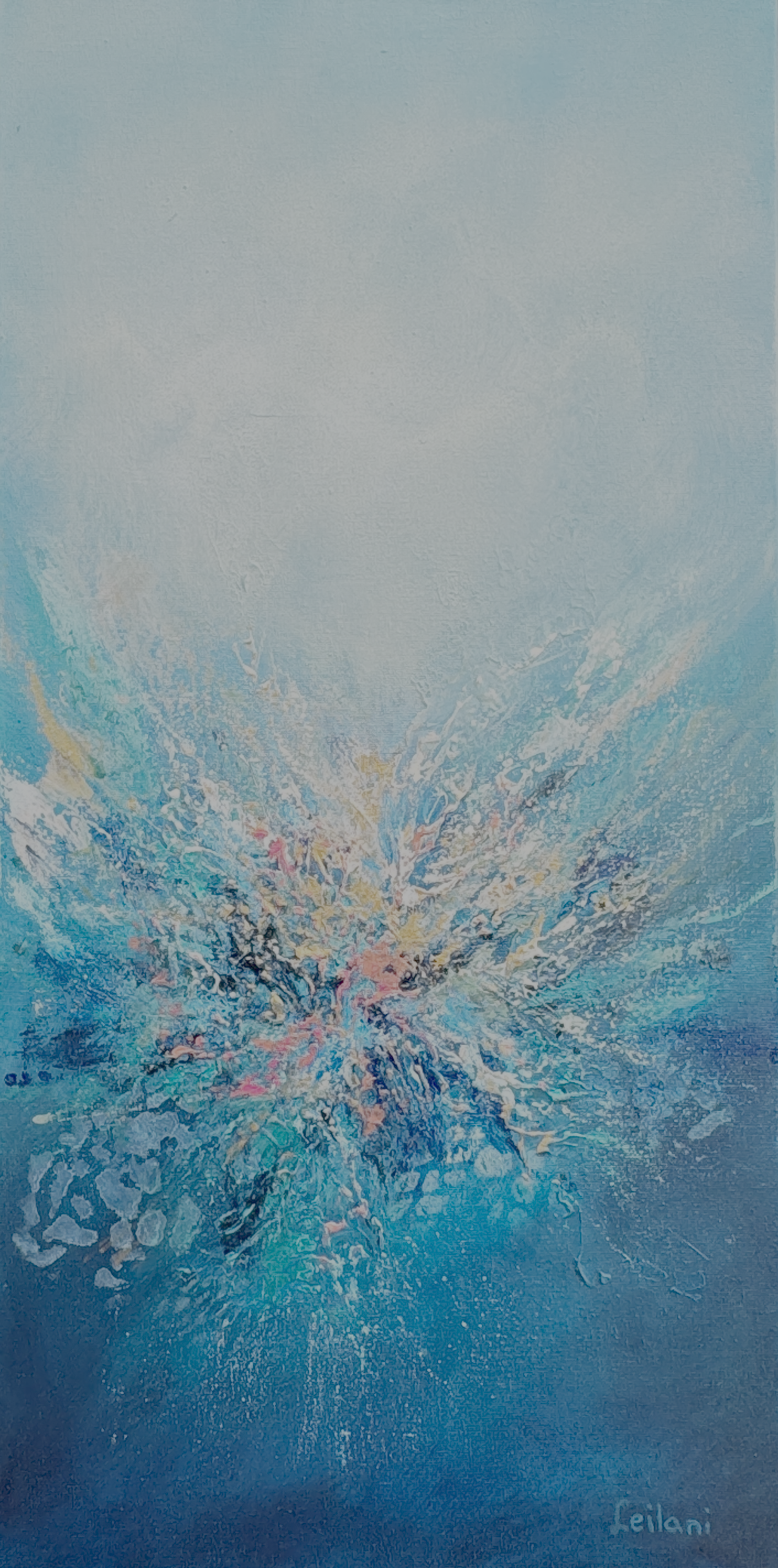 Abstract realism painting with luminous turquoise and soft greens, featuring textured floral-like forms rising from below, suggesting gentle spiritual awakening.