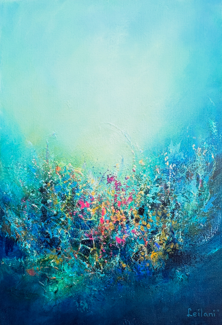 Inner Rising, vertical textured acrylic painting in turquoise and deep blue with pink, yellow and white marks rising into light.