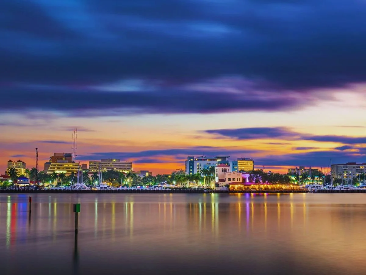 Downtown cityscape on the Manatee River at dusk, Bradenton, FL