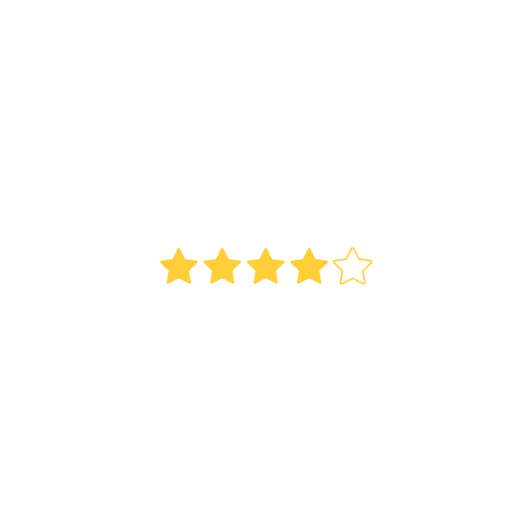 A 4.5-star review with four filled yellow stars and one half-outlined star.