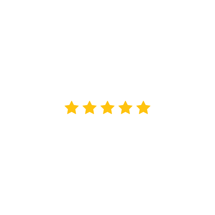 A black background with a white outlined star in the center, five gold stars beneath, and the words "Rated 5 Stars" above.