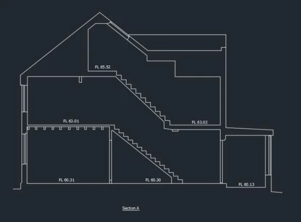 Sectional drawing of a multilevel building showing floor levels and staircase layout
