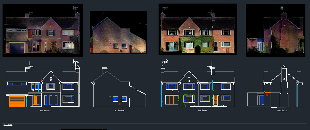 Measured survey of a brick house in Newcastle showing photographs, elevations and floor plan
