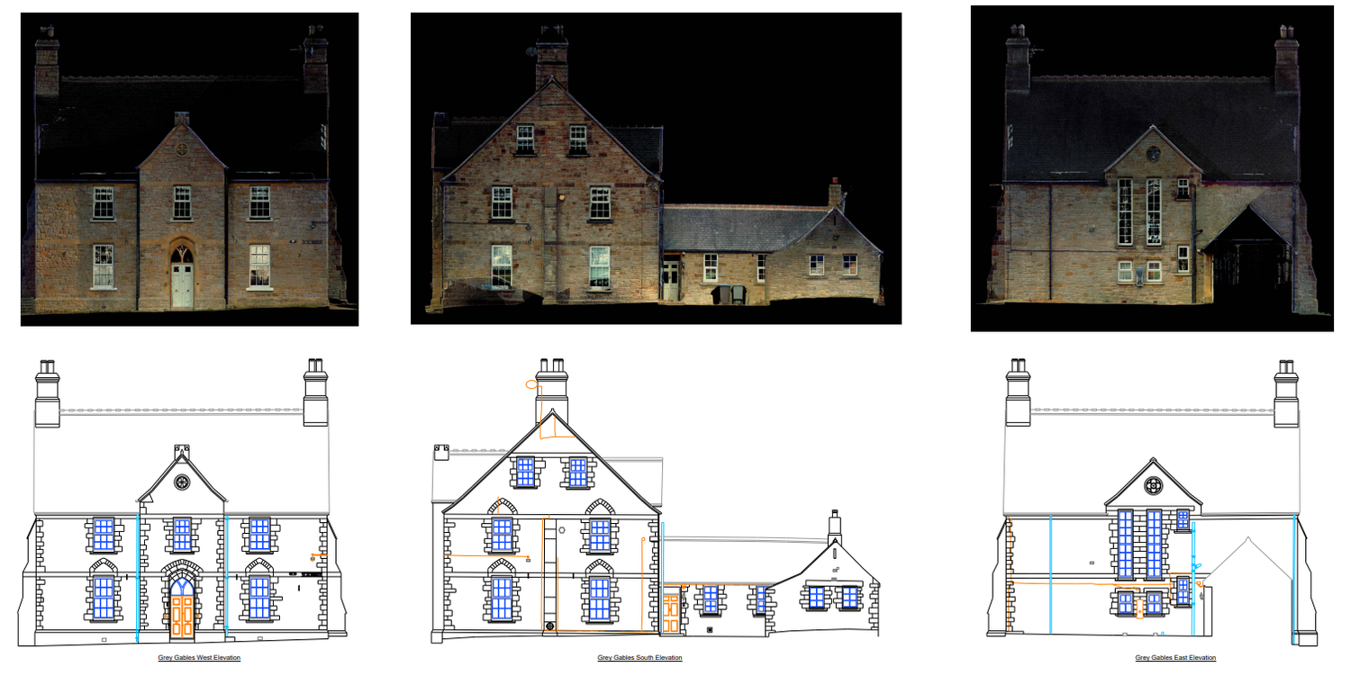 Building elevations of a historic stone building in Durham with photographs and matching drawings
